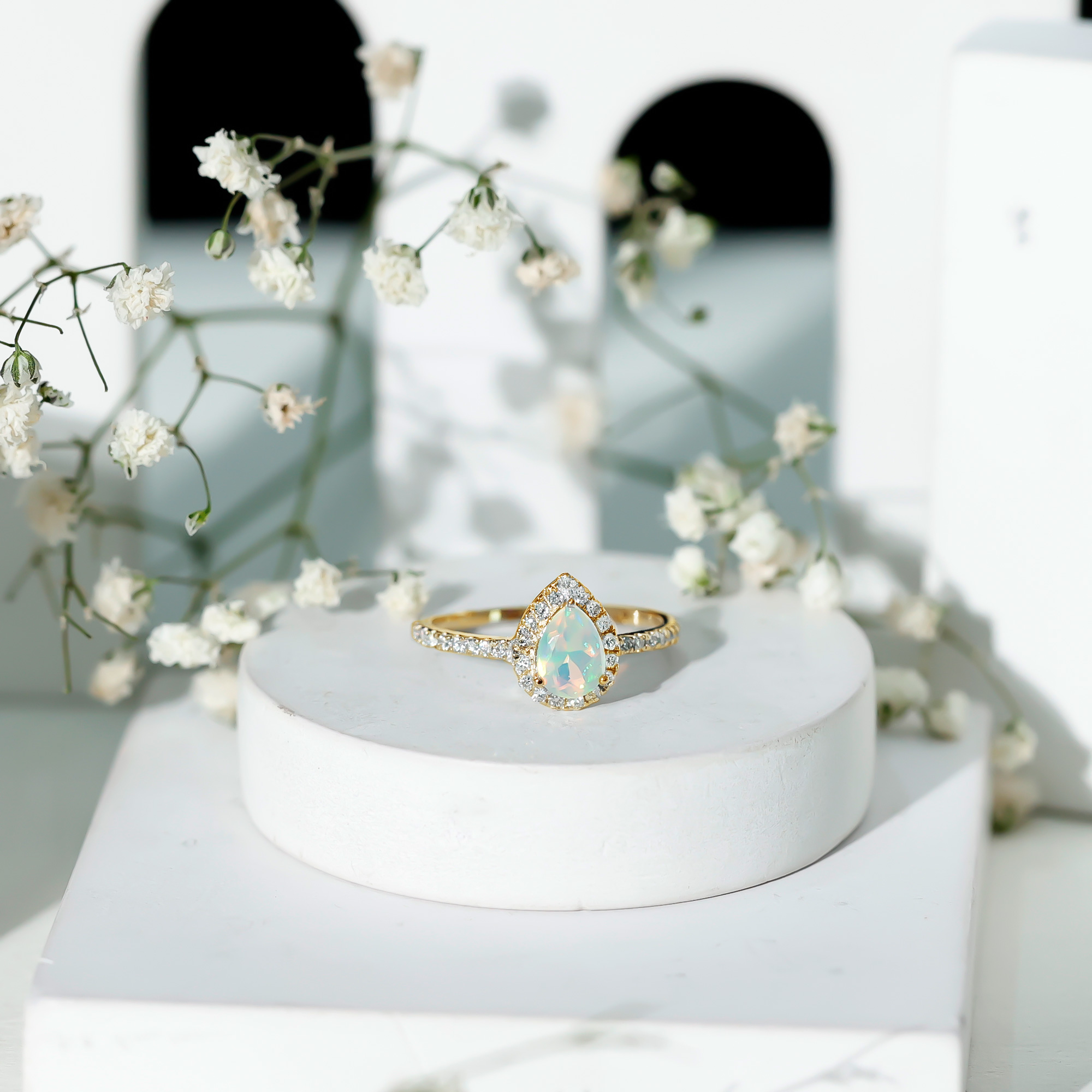 thumbnail video image 2 of Rosec Jewels Real Ethiopian Opal Pear Shaped Engagement Ring with Halo - 0.7 Carat - Opal Diamond Ring for Women - AAA Quality, 14K White Gold, US 6.00, 2 of 9