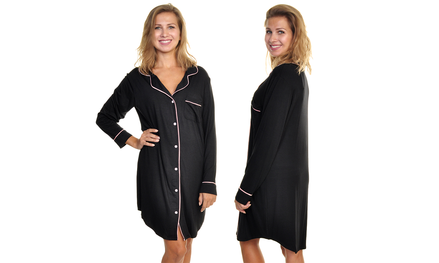 thumbnail video image 2 of Angelina Women's Modal Button Down Sleep Shirt Dress Pajama (1-Pack), 2 of 4