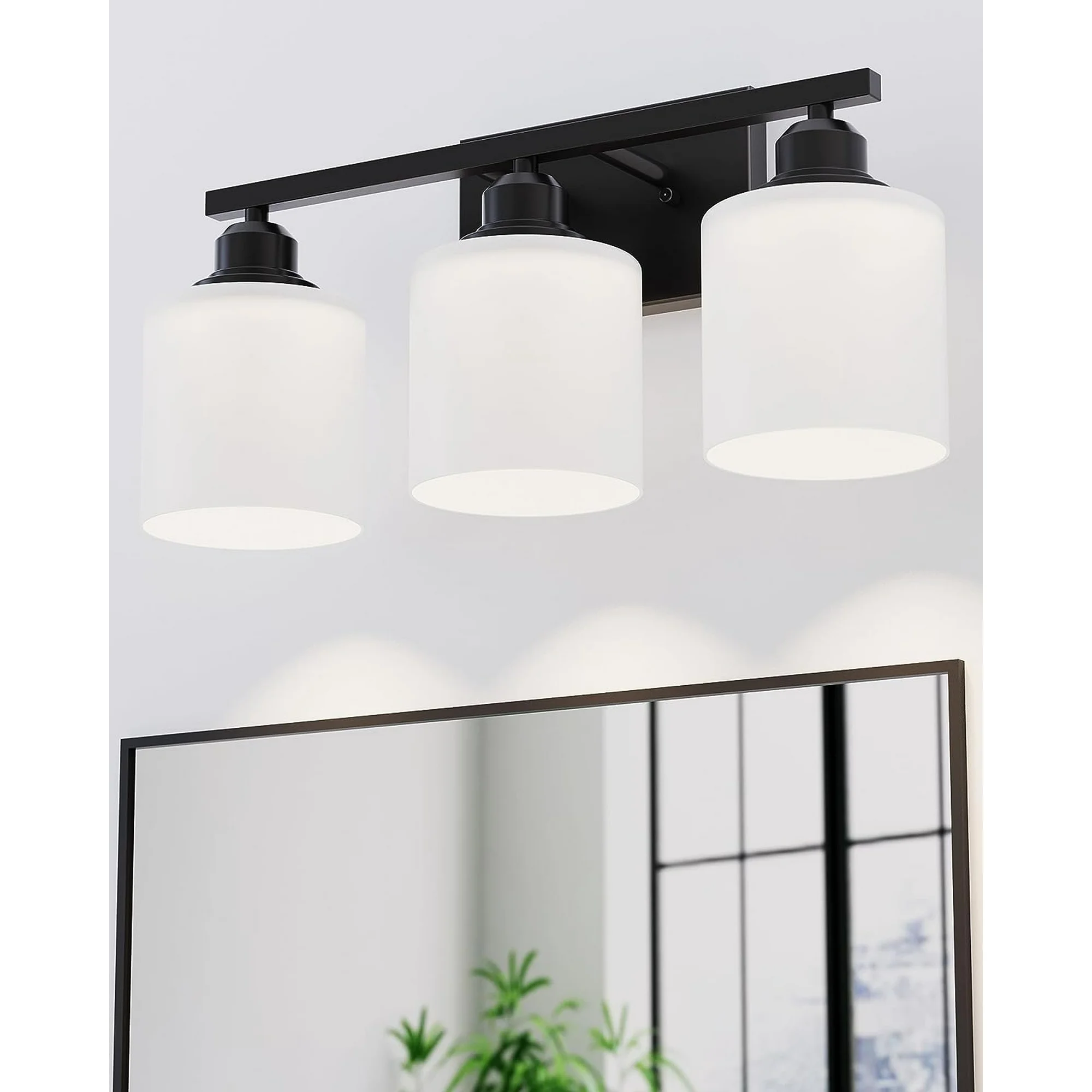 thumbnail video image 2 of Hansang Modern 3-Light Vanity Light Fixture, Black Finish with Frosted Glass Shades, Bathroom Wall Lighting, Bulbs Not Included, 2 of 8