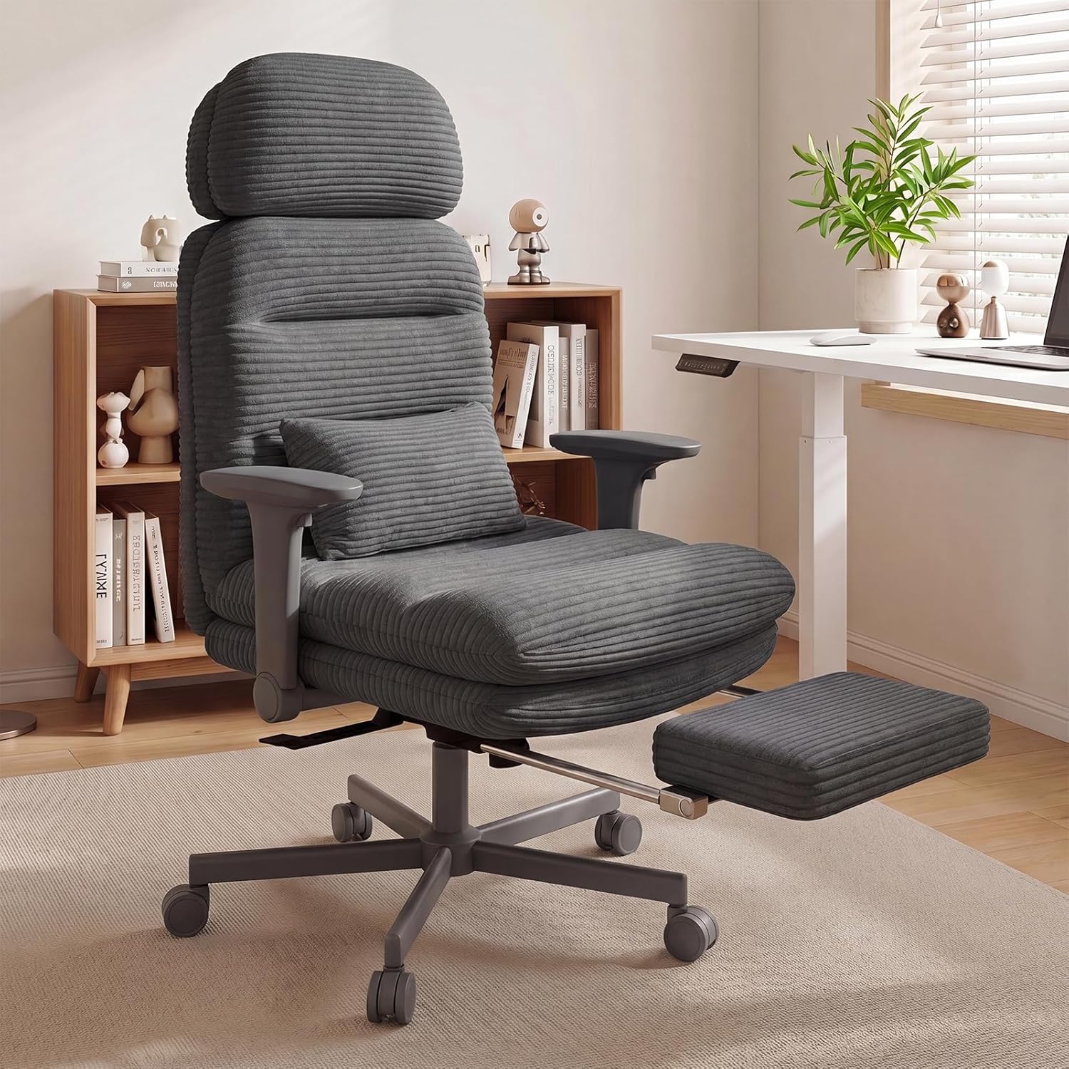 thumbnail video image 2 of HomeZeer Criss Cross Chair with Flip-up Arms, Executive Criss Cross Legged Office Chair with Footrest, Swivel Corduroy Computer Desk Chair with Lumbar Pillow & Headrest for Home Office, White, 2 of 12