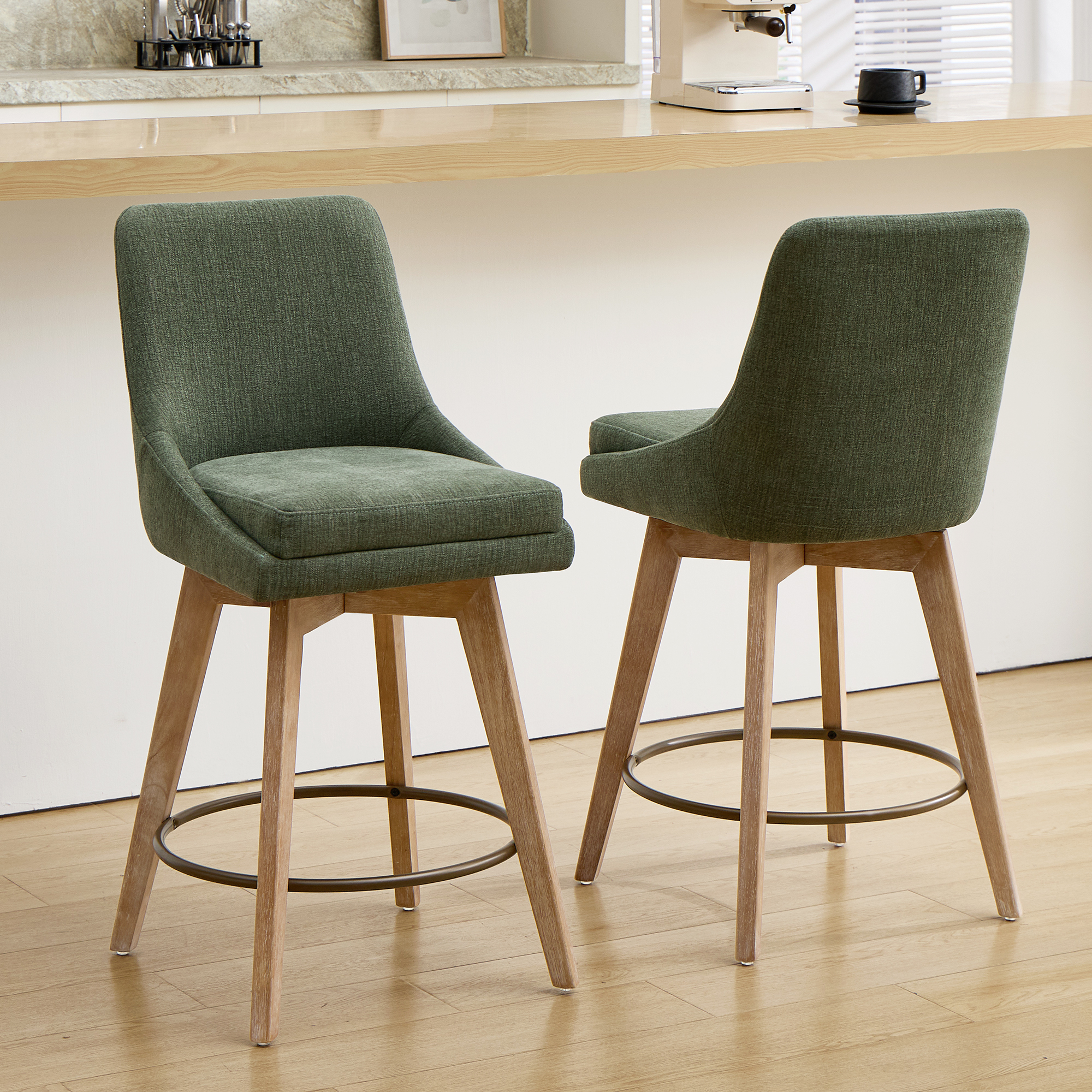 thumbnail video image 2 of ONEVOG Mid-Century Modern Swivel Bar Stools Set of 2, 26" Counter Height Linen Upholstered Bar Chairs with Solid Wood Legs & Metal Footrest, Green, 2 of 11