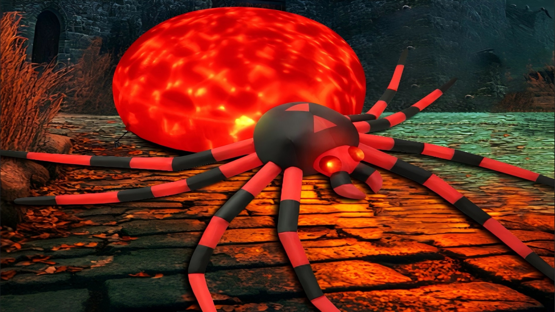 thumbnail video image 2 of Yexmas 8FT Halloween Inflatables Outdoor Decorations Giant Spider Decorations with LED Lights and Air Pump Blow up Inflatable Red, 2 of 9