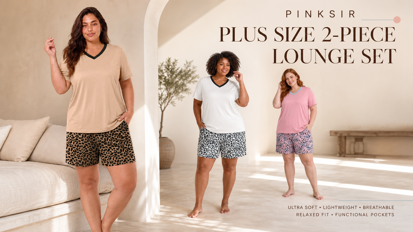 thumbnail video image 2 of PINKSIR Womens Pajama Sets Plus Size 2 Piece Short Sleeve Shorts Lounge Sets with Pockets, 2 of 9