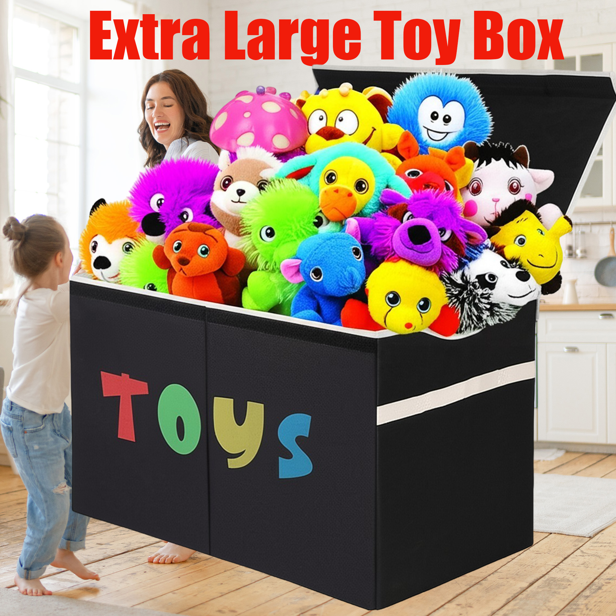 thumbnail video image 2 of VICTORICH Extra Large Child Collapsible Toy Storage Fabric 32 gal Kids Room Toy Chests, Black, 2 of 9