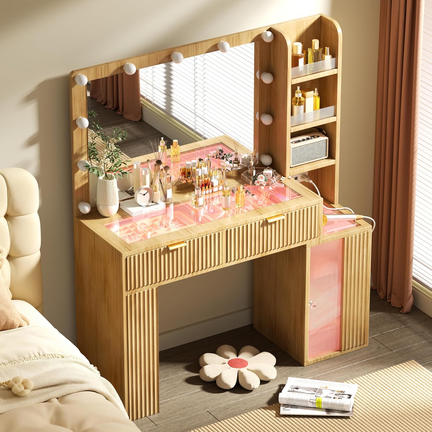 thumbnail video image 2 of DIYSET 47" Fluted Wood Vanity with Large 37" Mirror and RGB Lights, Makeup Vanity Desk with Tempered Glass Top & 2 Lighted Drawers & Acrylic Cabinet & 5 Shelves & Charging Station, 2 of 10