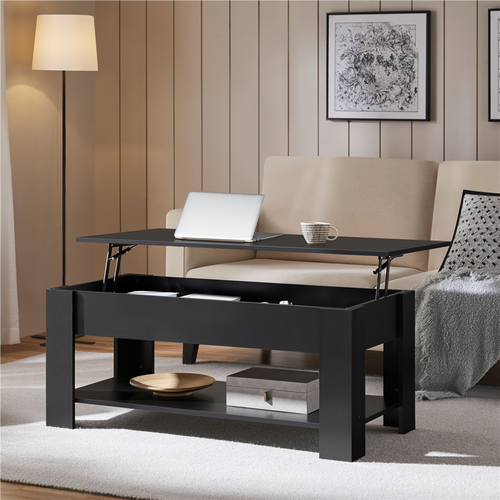 thumbnail video image 2 of Alden Design Modern 47.5" Wood Lift Top Coffee Table with Lower Shelf for Livingroom, Black, 2 of 10