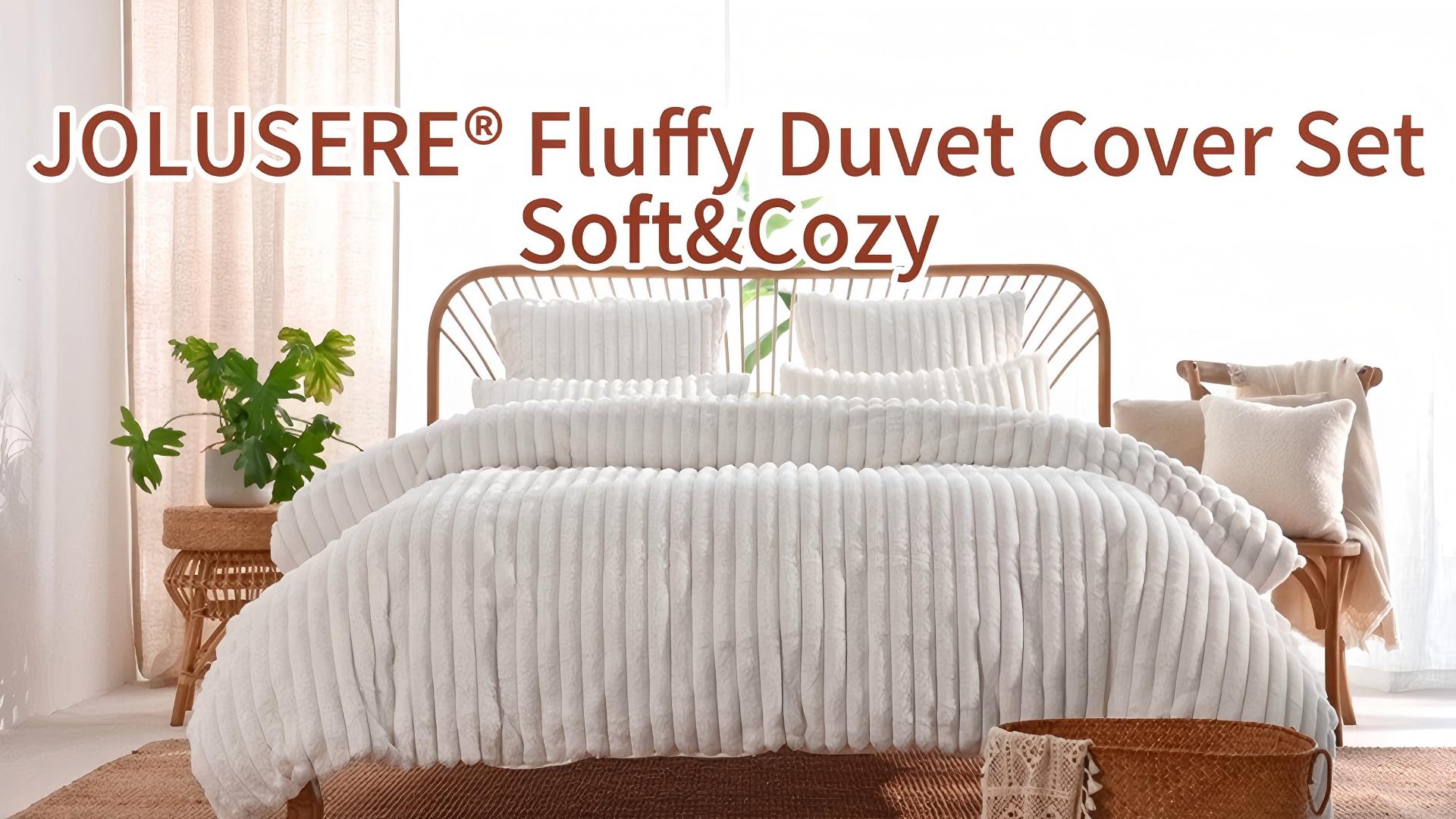 thumbnail video image 2 of JOLUSERE Khaki Fluffy Striped Duvet Cover King Set, 3-Piece Super Soft Faux Rabbit Fur Winter Warm Fuzzy Comforter Cover, 2 of 15