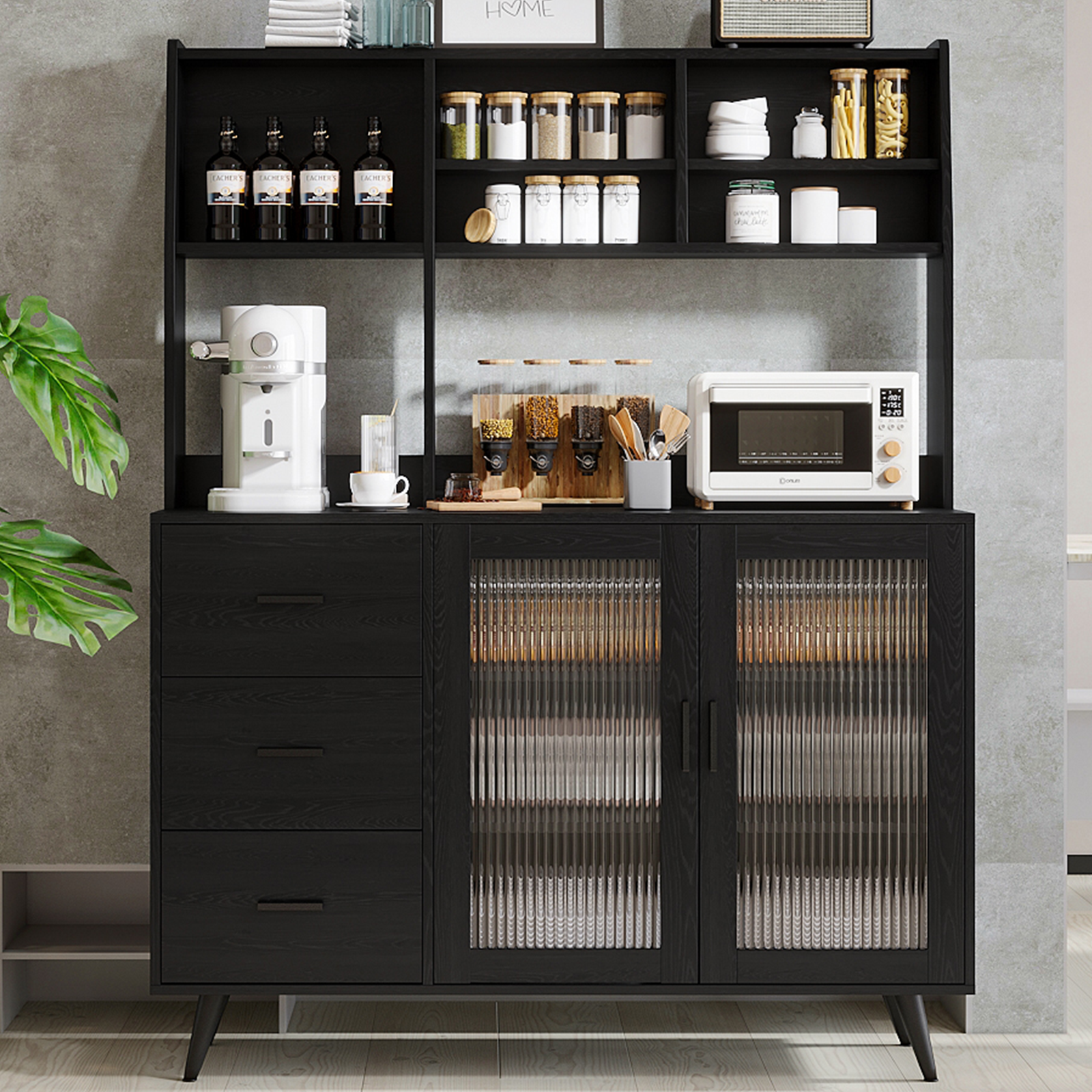 thumbnail video image 2 of RichYa 59.6"H Kitchen Hutch Cabinet with Glass Door,Freestanding Pantry Storage Cabinet with Countertop & Adjustable Shelves for Dining Room,Black, 2 of 10