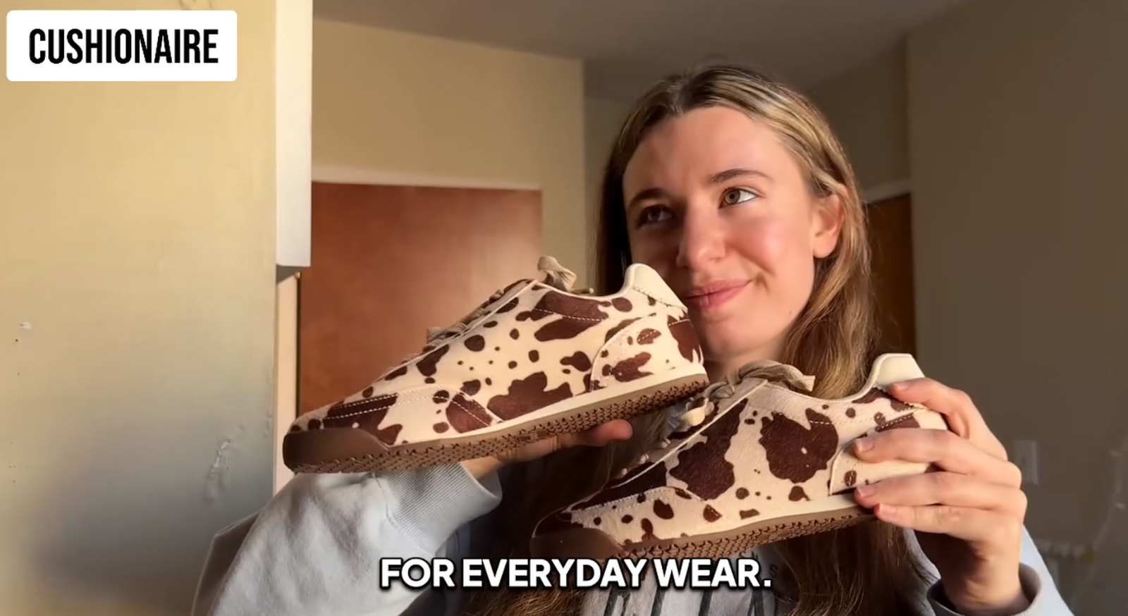 thumbnail video image 2 of Cushionaire Techno Women’s Vegan Cow Print Calf-Hair Lace-Up Sneakers with Memory Foam Comfort, 2 of 25