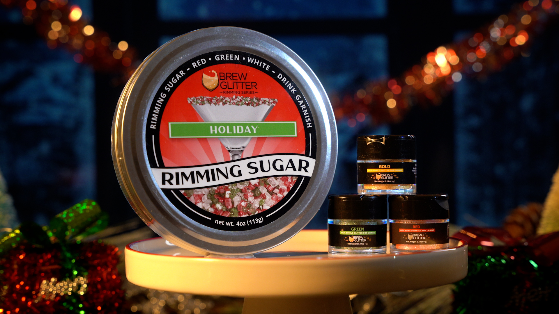 thumbnail video image 2 of Brew Glitter - Holiday Red, Green and White Cocktail Rimming Sugar Combo - 4oz, Bar Tin, 2 of 11
