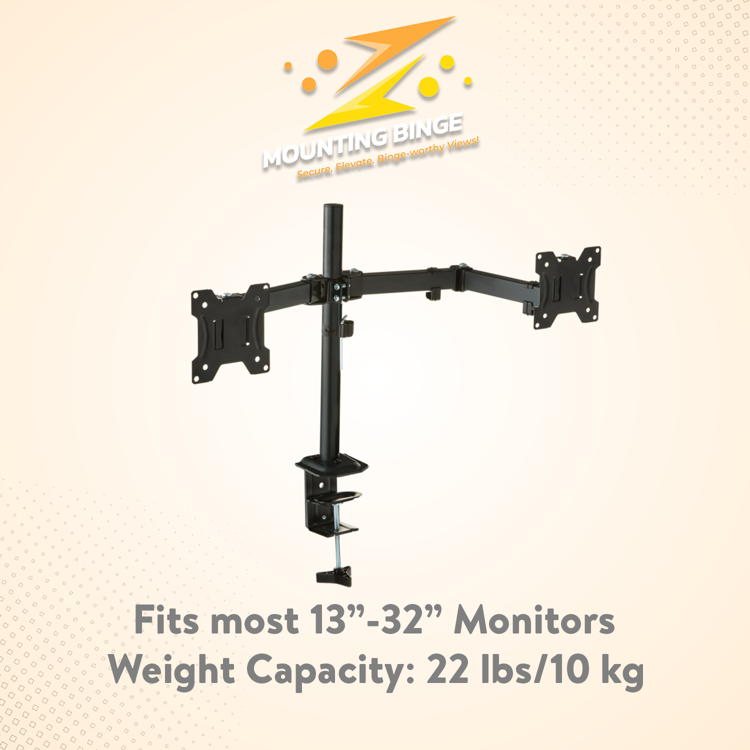 thumbnail video image 2 of Mounting Binge Dual Monitor Mount for 13–32 Inch Screens | Full Motion Articulating Arm | Tilt, Swivel & Rotation | Heavy-Duty VESA Mount 75×75 & 100×100 | Adjustable Desk Clamp Stand, 2 of 16