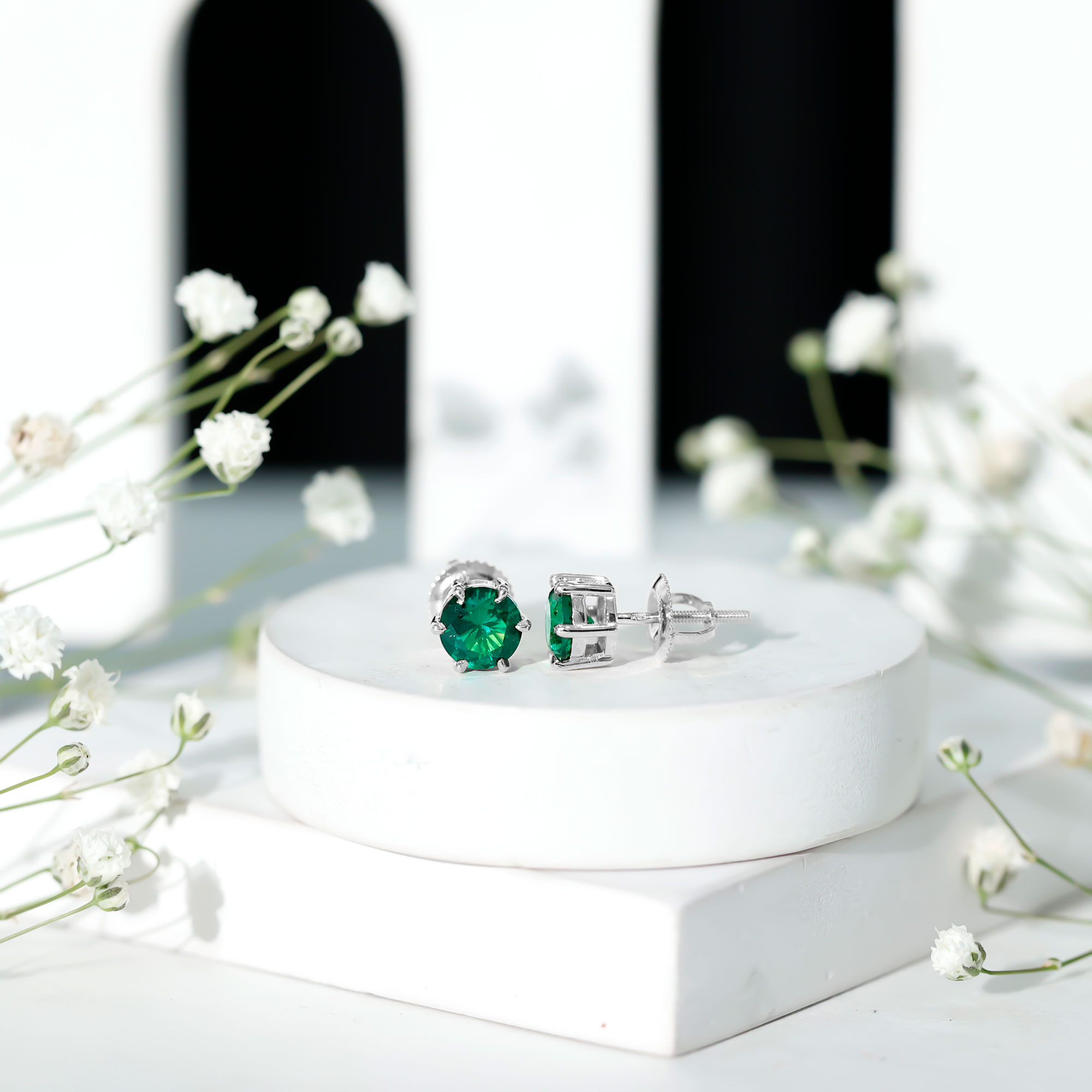 thumbnail video image 2 of Rosec Jewels Created Emerald Solitaire Stud Screw Back Earrings for Women - 6 mm Round, 925 Sterling Silver, 2 of 9
