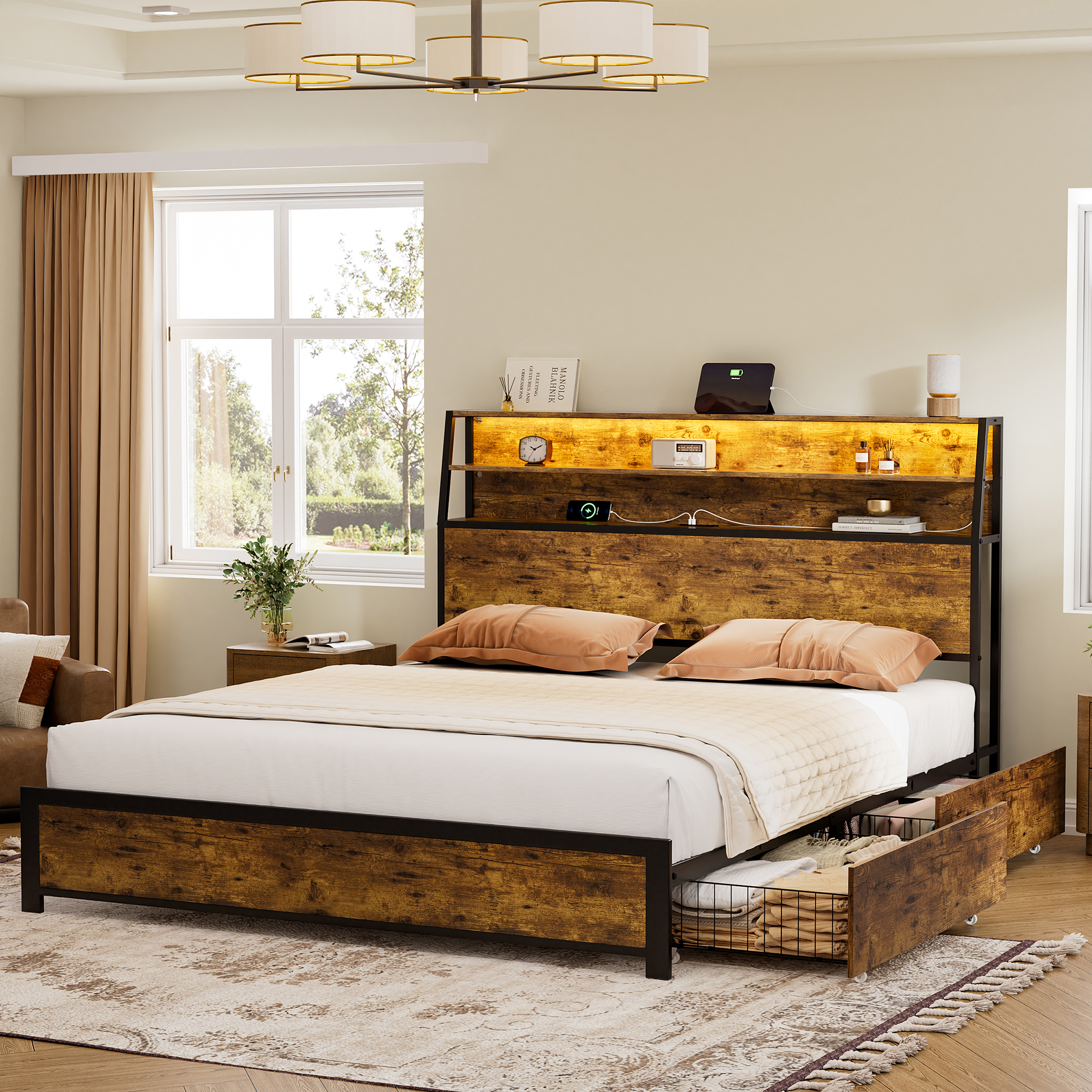 thumbnail video image 2 of GUNAITO King Bed Frame with Storage Headboard, 2 Drawers Platform LED Bed Frame with USB Ports & Outlets Brown, 2 of 10