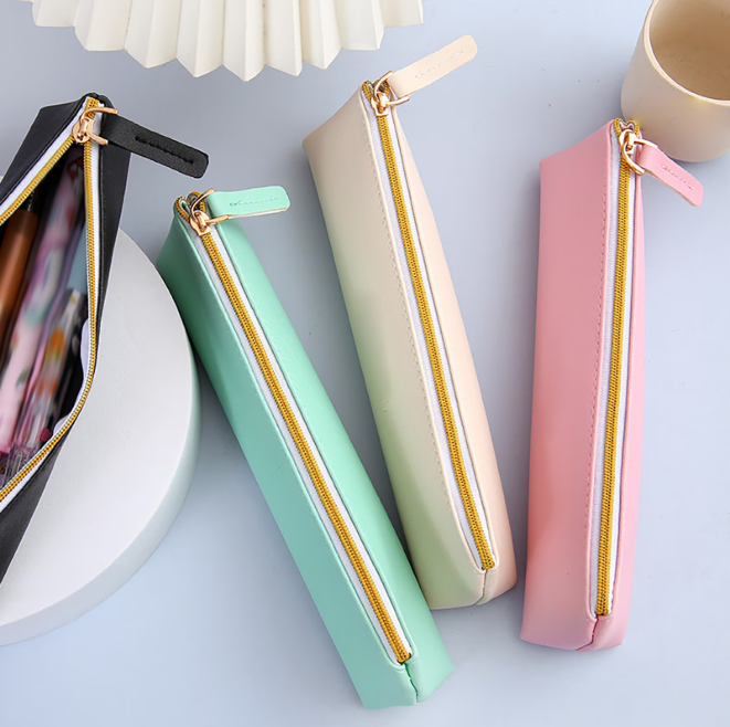 thumbnail video image 2 of SeekLGT Leather Pen Pencil Case Slim Portable Zipper Pouch with Aesthetic Design, Small Pencil Pouch and Cosmetic Bag Organizer for Purse and Professional Office, 1-Count, 2 of 10