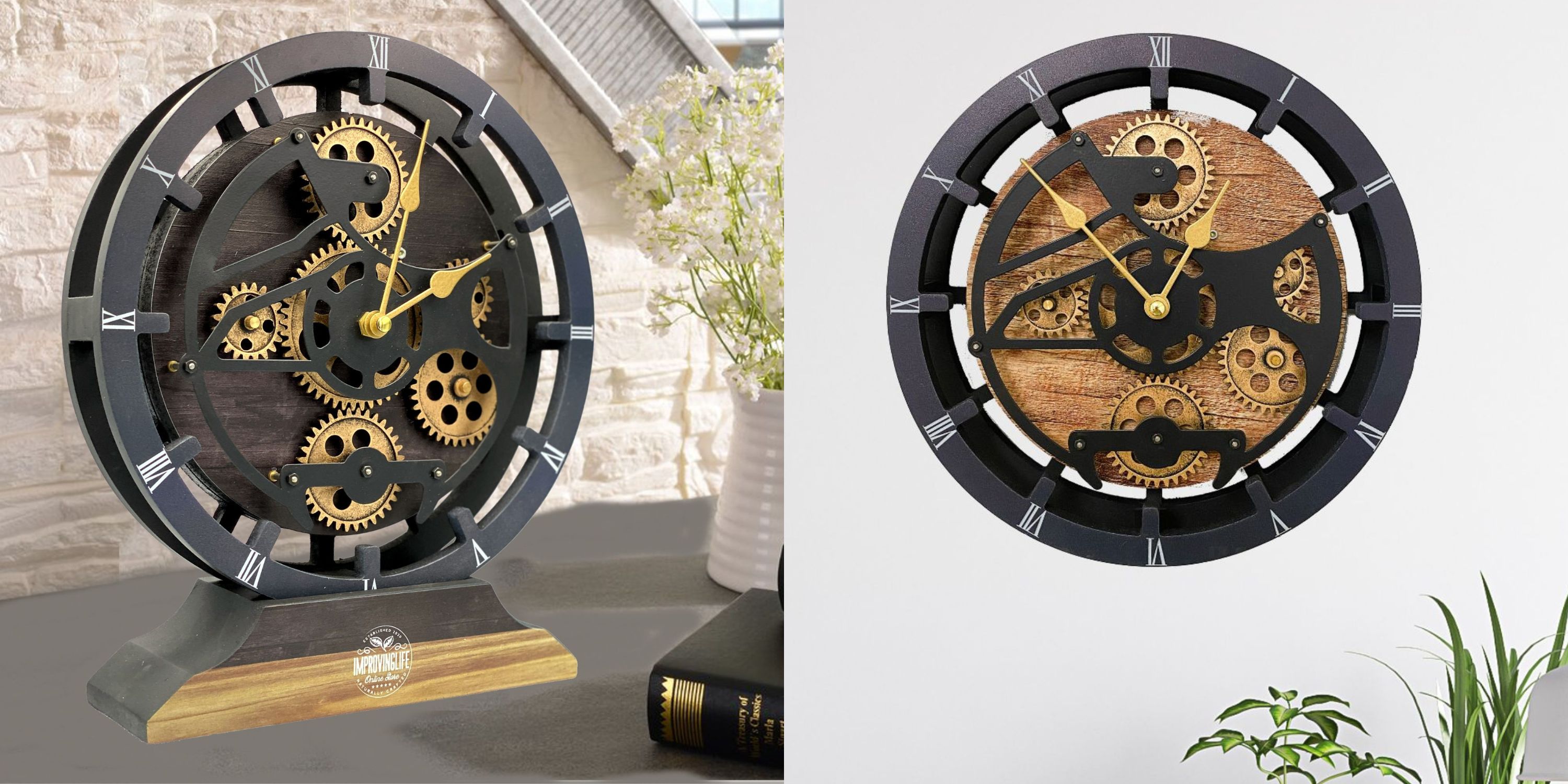 thumbnail video image 2 of THE GEARS CLOCK Desk Clock with Real Moving Gears (wall clock)CA-LI_ 10 in Round Wood-Stone, 2 of 2