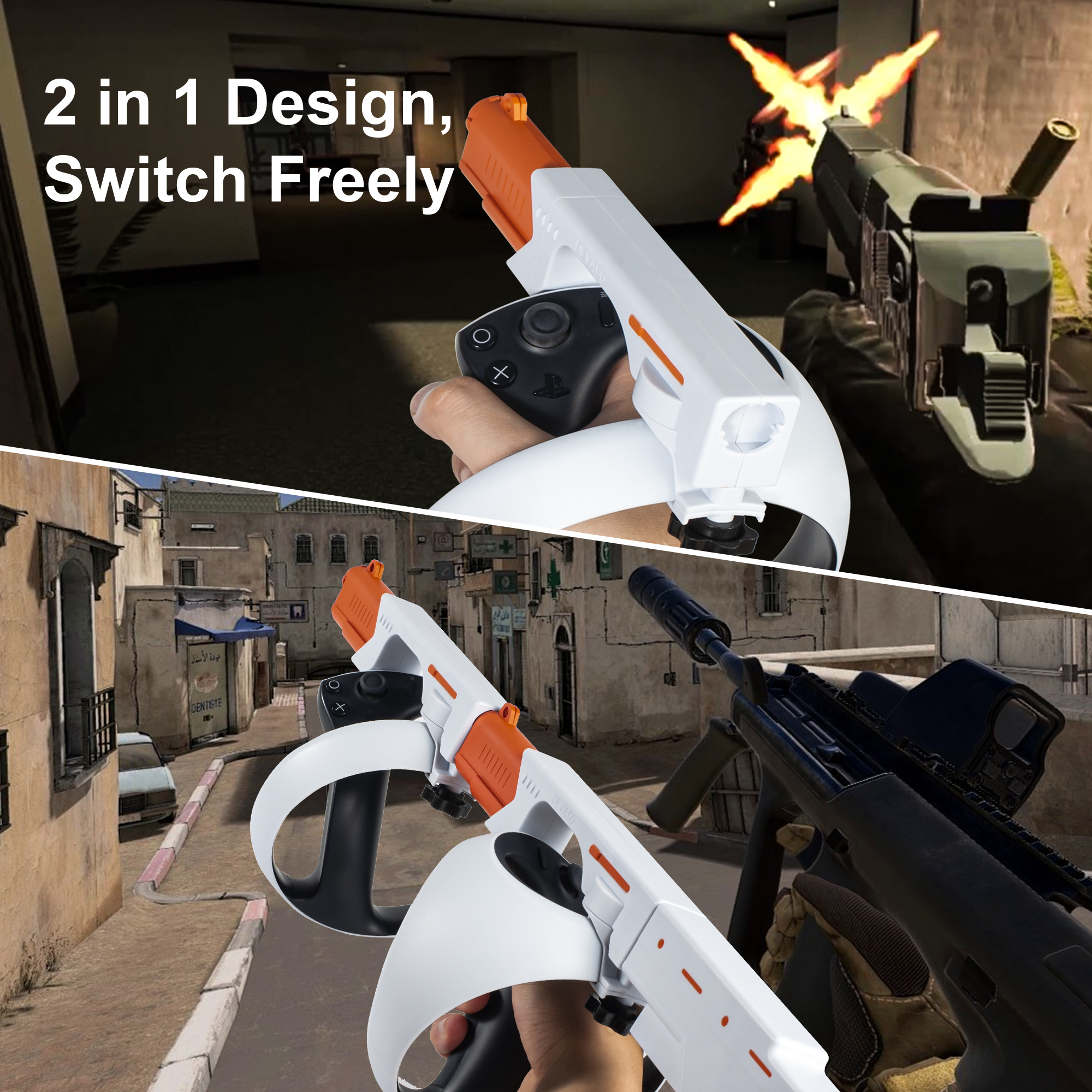 thumbnail video image 2 of YUNLAZA Magnetic VR Gun Stock for PSVR2, 3-in-1 Changing VR Handle Accessories for Playstation VR2, Handle Attachment with Shoulder Straps for Enhance FPS Gaming Experience, White, 2 of 11