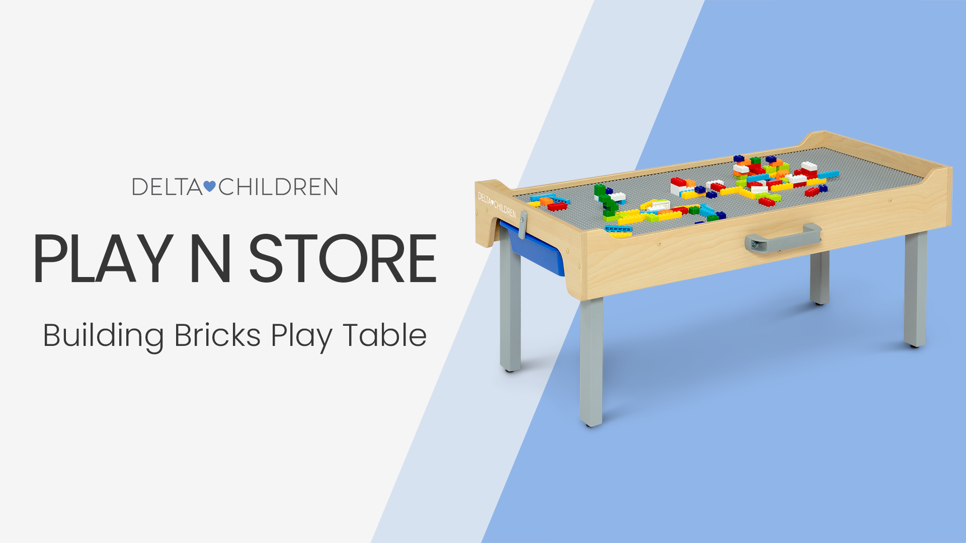 thumbnail video image 2 of Delta Children Wooden Play N Store Building Bricks Play Table with 100+ Play Bricks Included - Large Brick Plate Compatible with LEGO, MegaBlocks & More - Legs Fold for Easy Under Bed Storage, Grey, 2 of 16