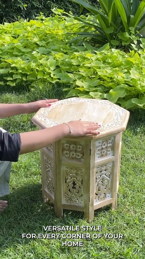 thumbnail video image 2 of The Wooden Town Side Tables– Hand Carved Vintage Boho Folding End Tables for Living Room, Entryway, Living Room, Bedroom – No Tools Assembly, 18"x18" Octagon, White wash Finish, 2 of 6