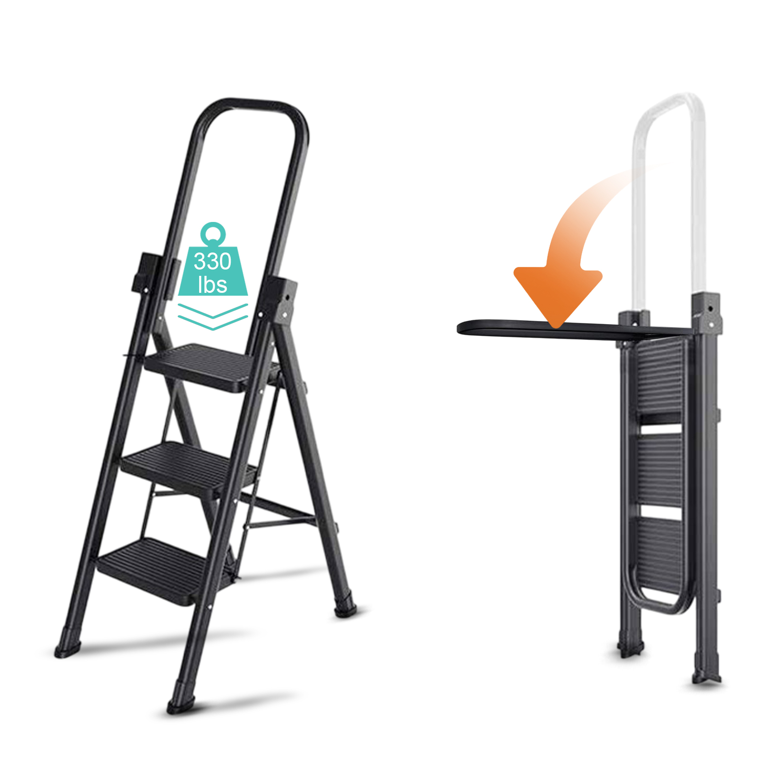 thumbnail video image 2 of Beuway 3-Step Folding Ladder,with Foldable Extended Handrail & Wide Anti-Slip Pedal Step Stool(Black), 2 of 11