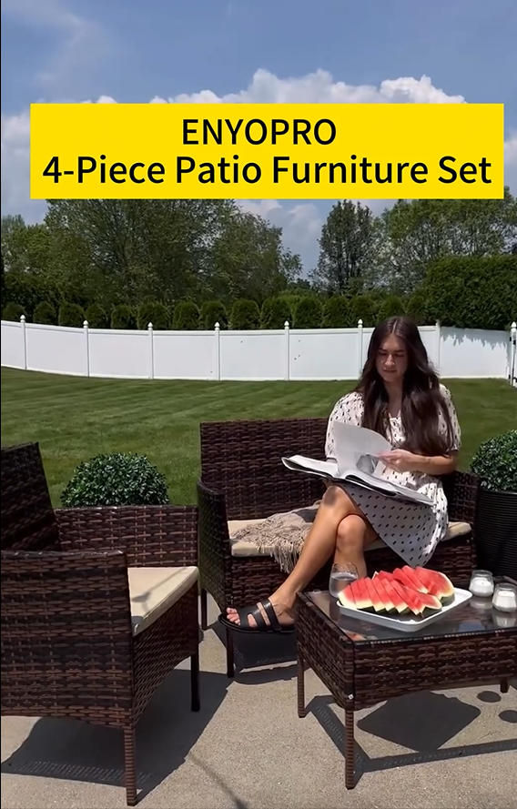 thumbnail video image 2 of Enyopro 4-Piece Patio Furniture Set, with 2 Arm Chairs, Love Seat & Tempered Glass Coffee Table, Rattan Outdoor Conversation Chair Sets for Patio Porch Deck Balcony, Gray, 2 of 9