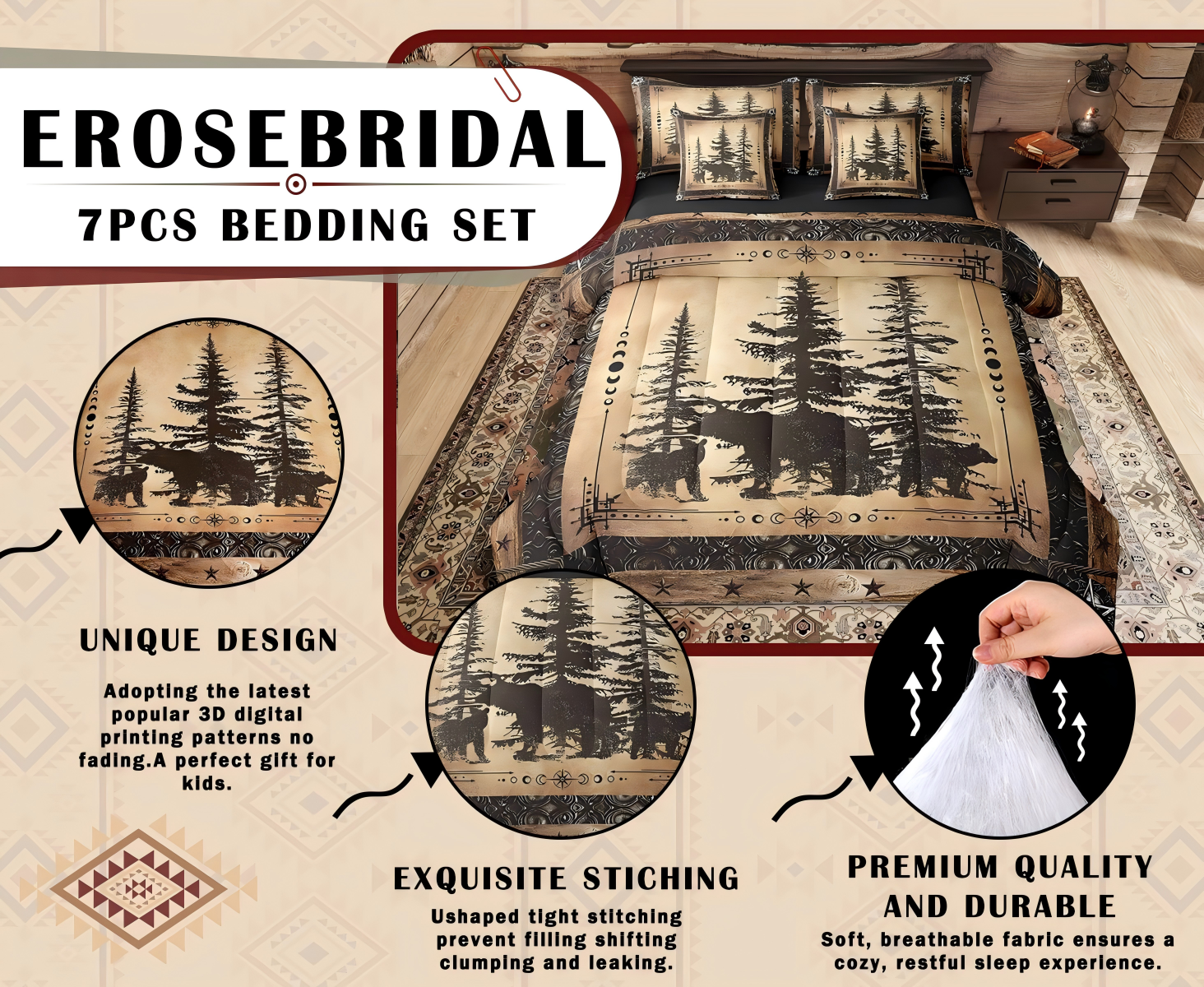 thumbnail video image 2 of Rustic Bear Comforter Set Twin 7 Piece Woodland Wildlife Hunting Bed In A Bag Farmhouse Cabin Lodge Bedding Comforter Sets Adults Men Black Retro Country Animal Bed Set, 2 of 6