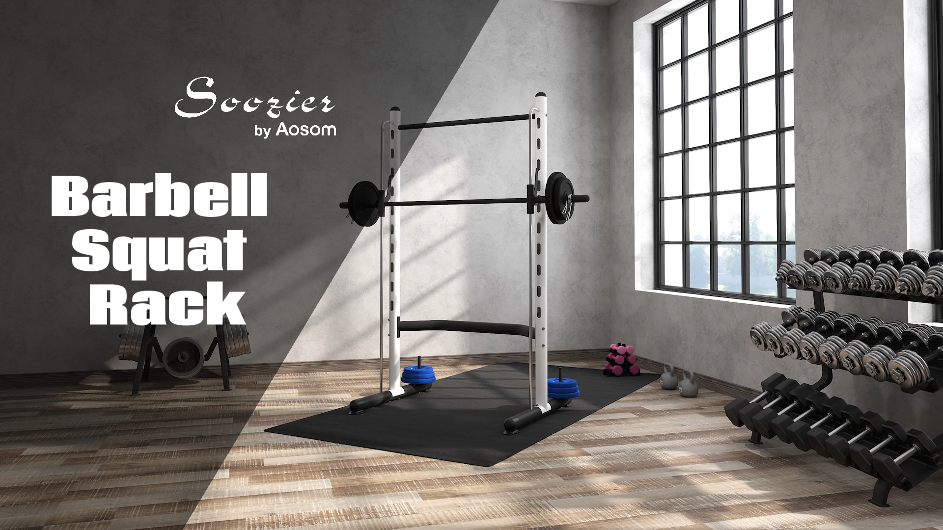 thumbnail video image 2 of Soozier Adjustable Squat Rack with Pull Up Bar and Barbell Bar, Multi-Function Bench Press Weight Lifting Equipment, White, 2 of 10