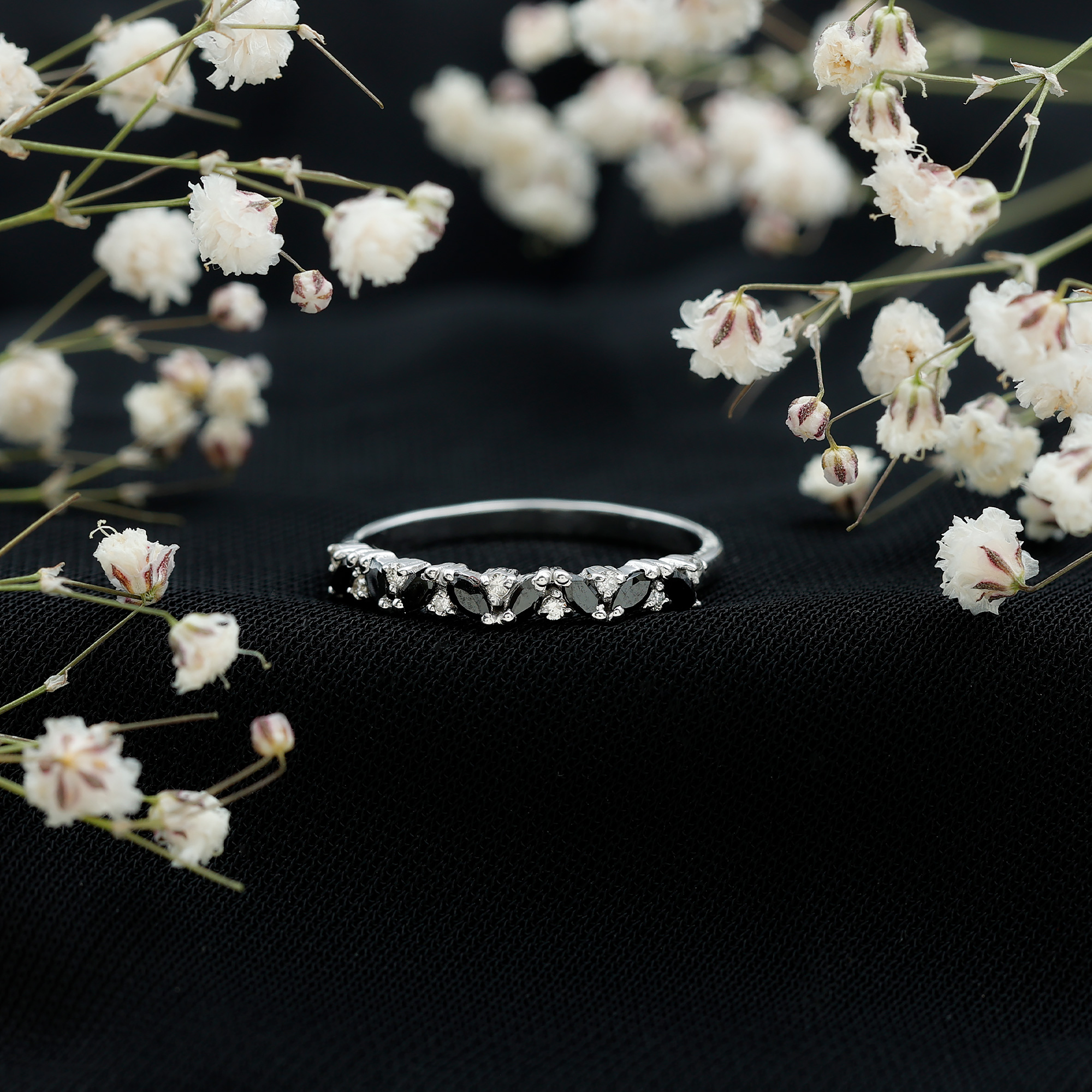 thumbnail video image 2 of Rosec Jewels 1/4 CT Marquise Cut Black Onyx and Diamond Semi Eternity Ring, Diamond Accent Stackable Ring, December Birthstone Ring, 14K White Gold, US 13.00, 2 of 9