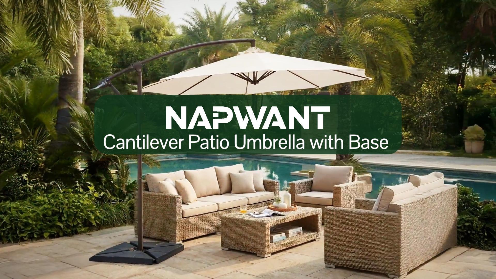 thumbnail video image 2 of NAPWANT 10ft Cantilever Patio Umbrella with 4-Piece Weighted Base Included, Offset Hanging Umbrella with Crank & Tilt, peacock-Blue, 2 of 9