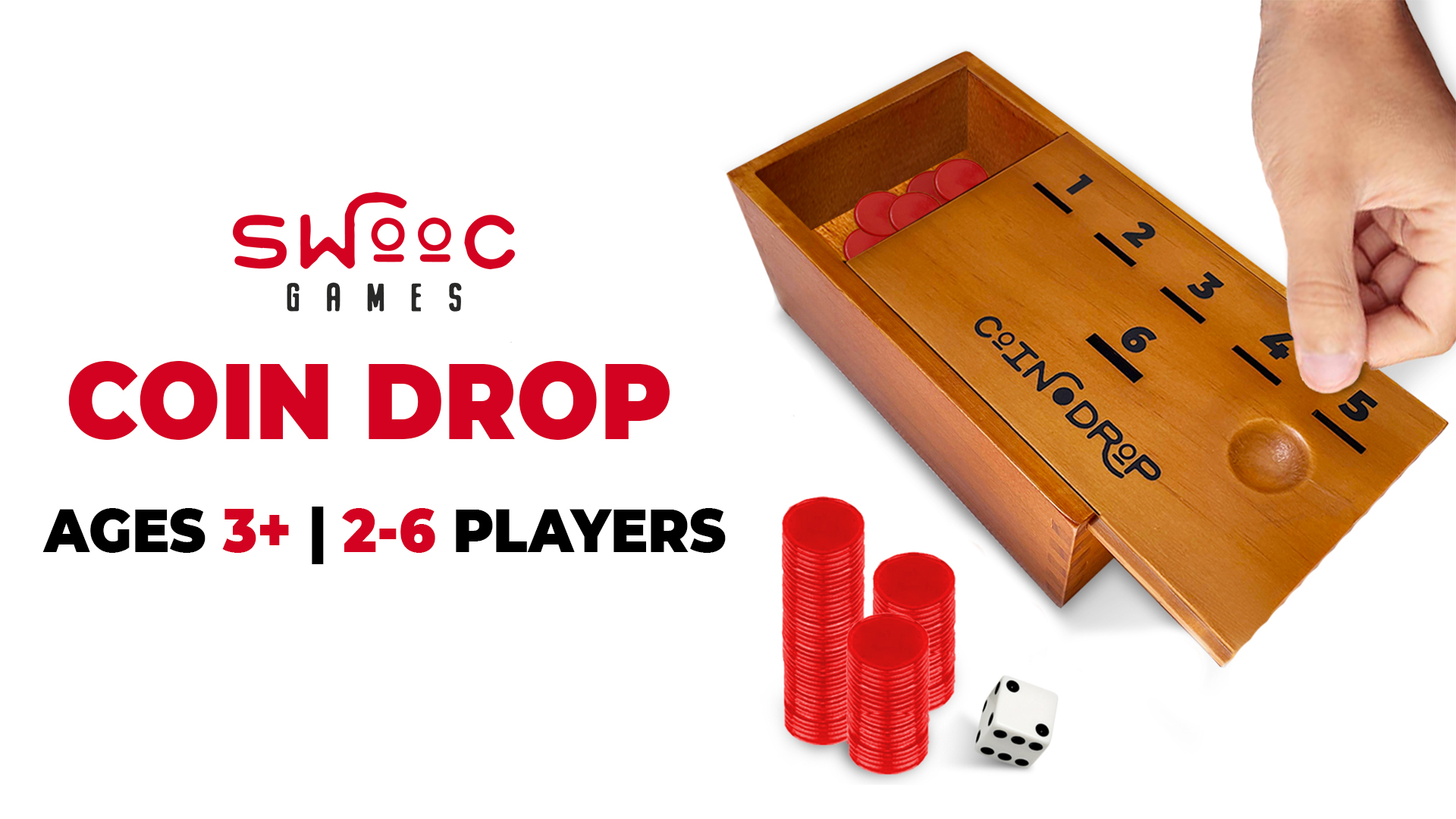 thumbnail video image 2 of SWOOC Games - Coin Drop™️| Simple + Strategic Dice Games For Families with Coins Included For 2-6 Players | Works w/ Pennies Too | Get Rid Of Coins To Win | Board Games For Kids | Penny Game Wood Box, 2 of 6