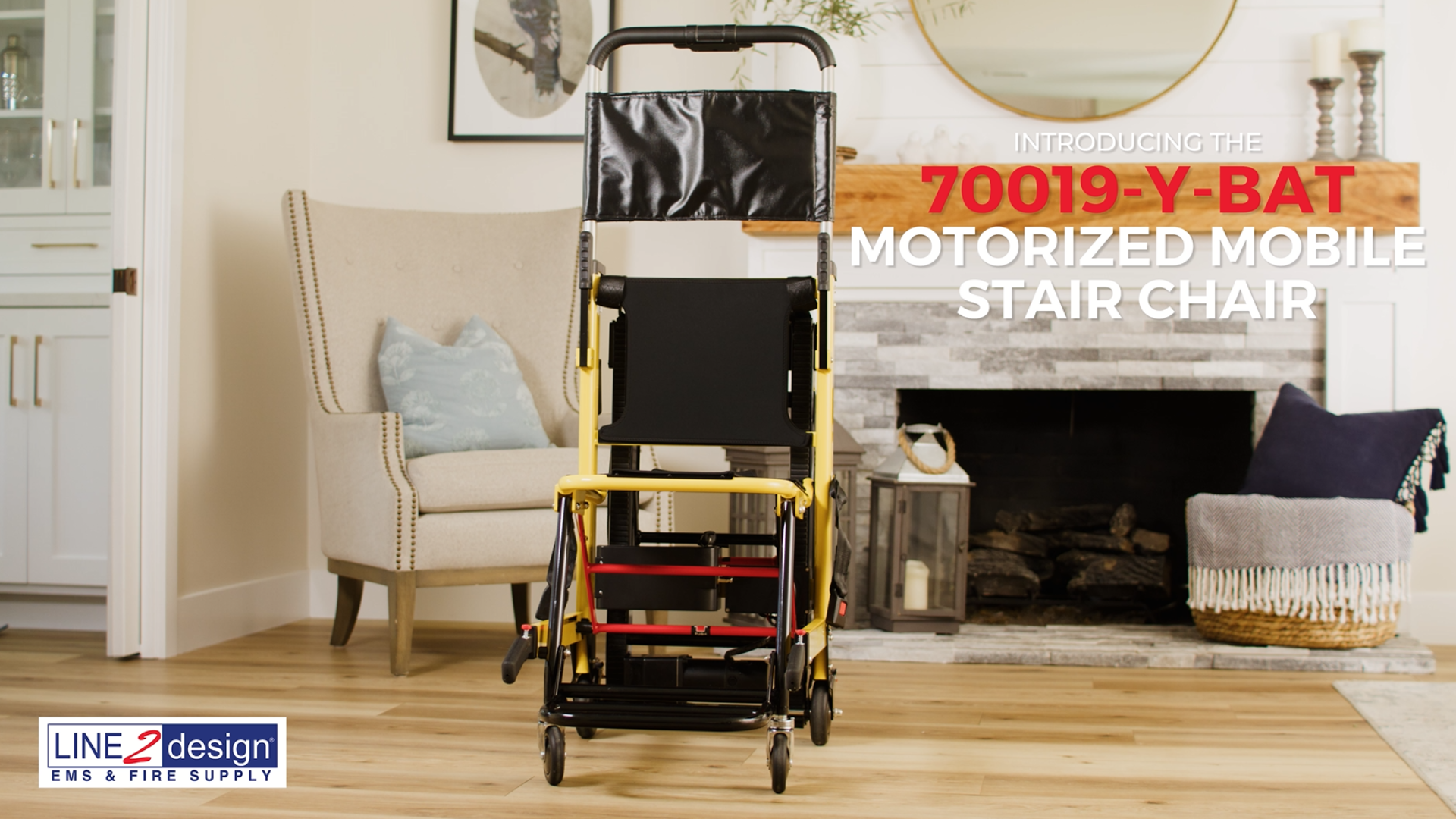 thumbnail video image 2 of LINE2design -USA-EMS Motorized Stair Chair, Adjustable Track System, Emergency Evacuation Chair, 400 lb Capacity, USA, Yellow, 2 of 9