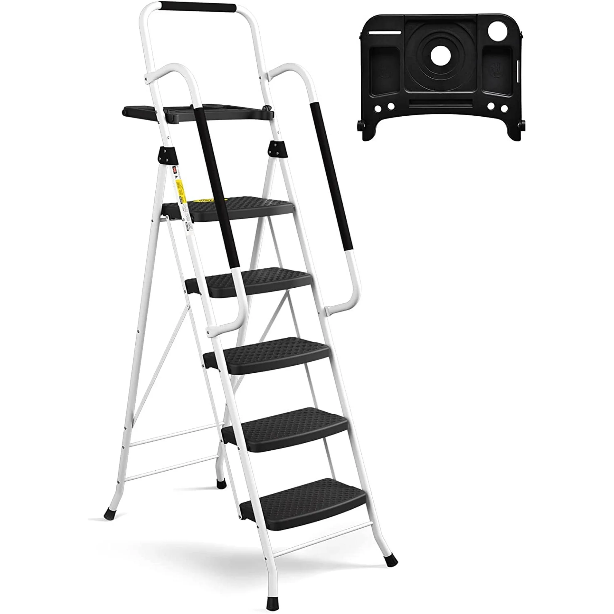 thumbnail video image 2 of HBTower Folding 5-Step Ladder with Handrails and Tool Tray, Anti-Slip Wide Pedals, Safety Ladder for Adults, White, 2 of 9