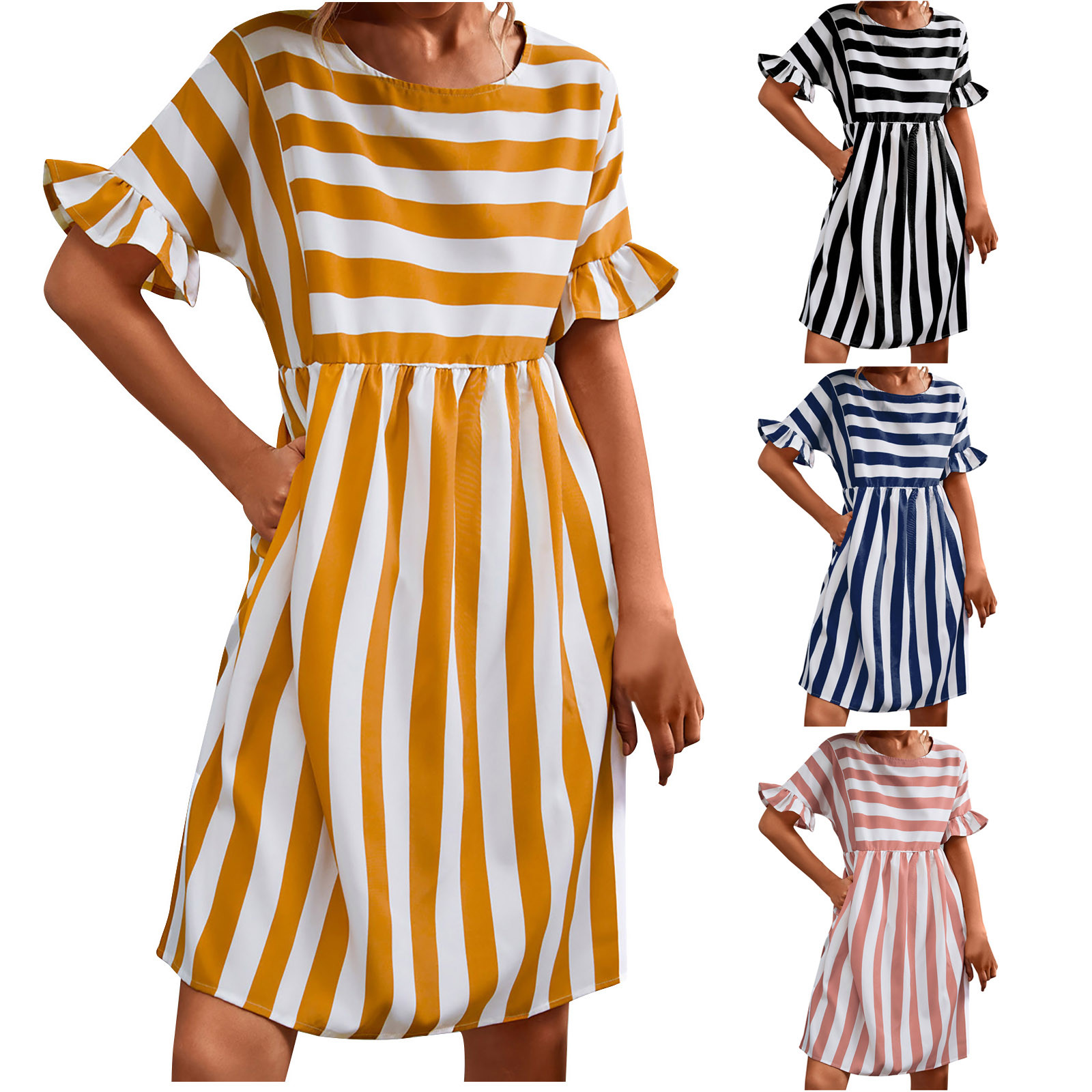 thumbnail video image 2 of WREESH Womens Dress Fashion Casual Spring and Summer Short Sleeve Round-Neck Stripe Splicing Dress Pink, 2 of 9