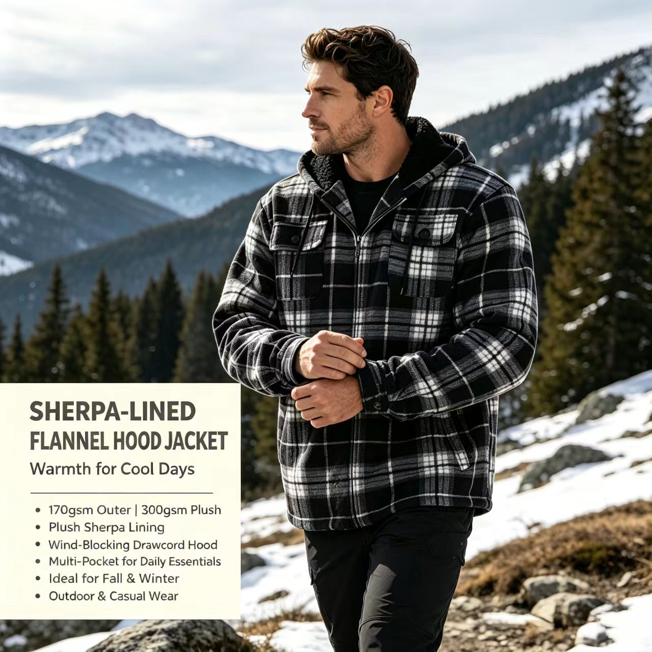 thumbnail video image 2 of Outwear Plaid Flannel Sherpa Lined Full Zip Hoodie Jacket Men's, 2 of 8