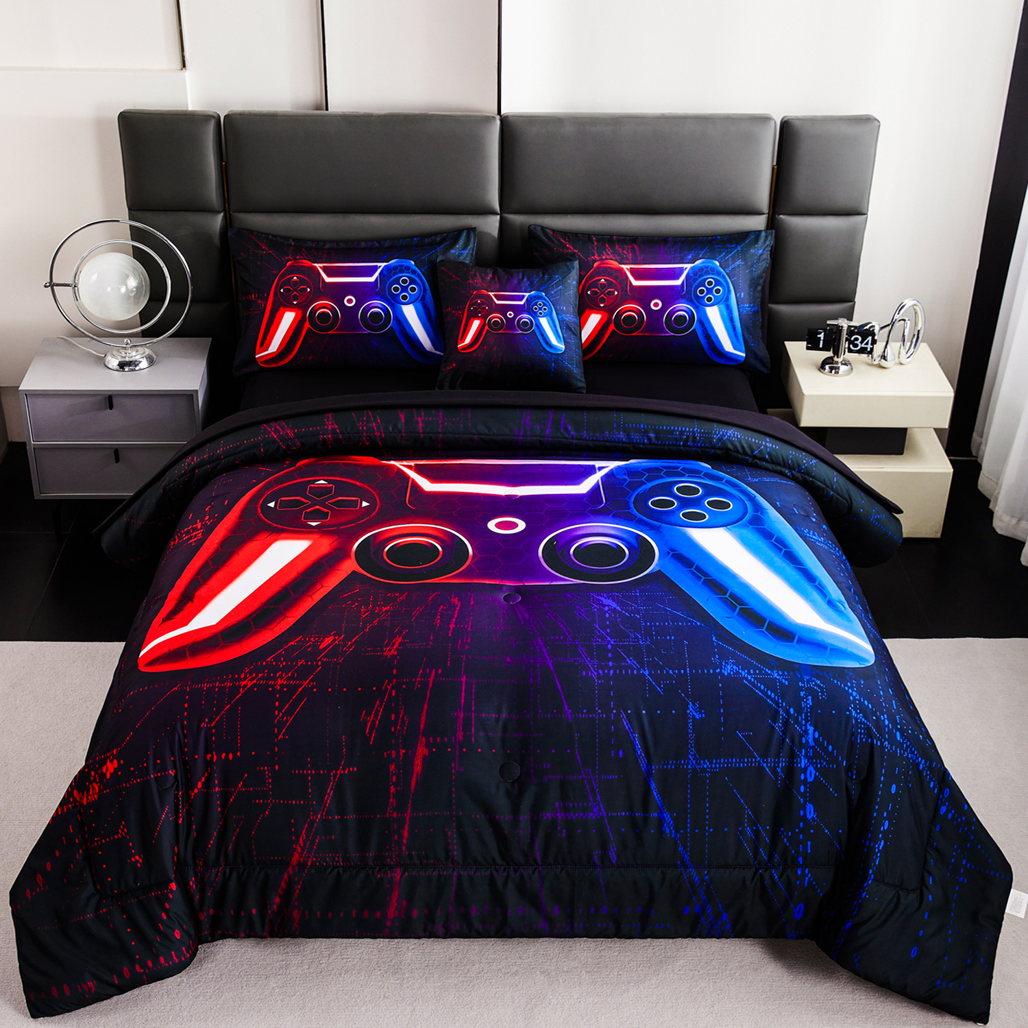 thumbnail video image 2 of URBONUR Red Blue Boys Comforter Set Full Size Game Video Bedding Set Lightning Gamepad Black Kids Bed Comforter Gaming Console Bed in a Bag with Matching Pillowcases(Red Blue Full), 2 of 10