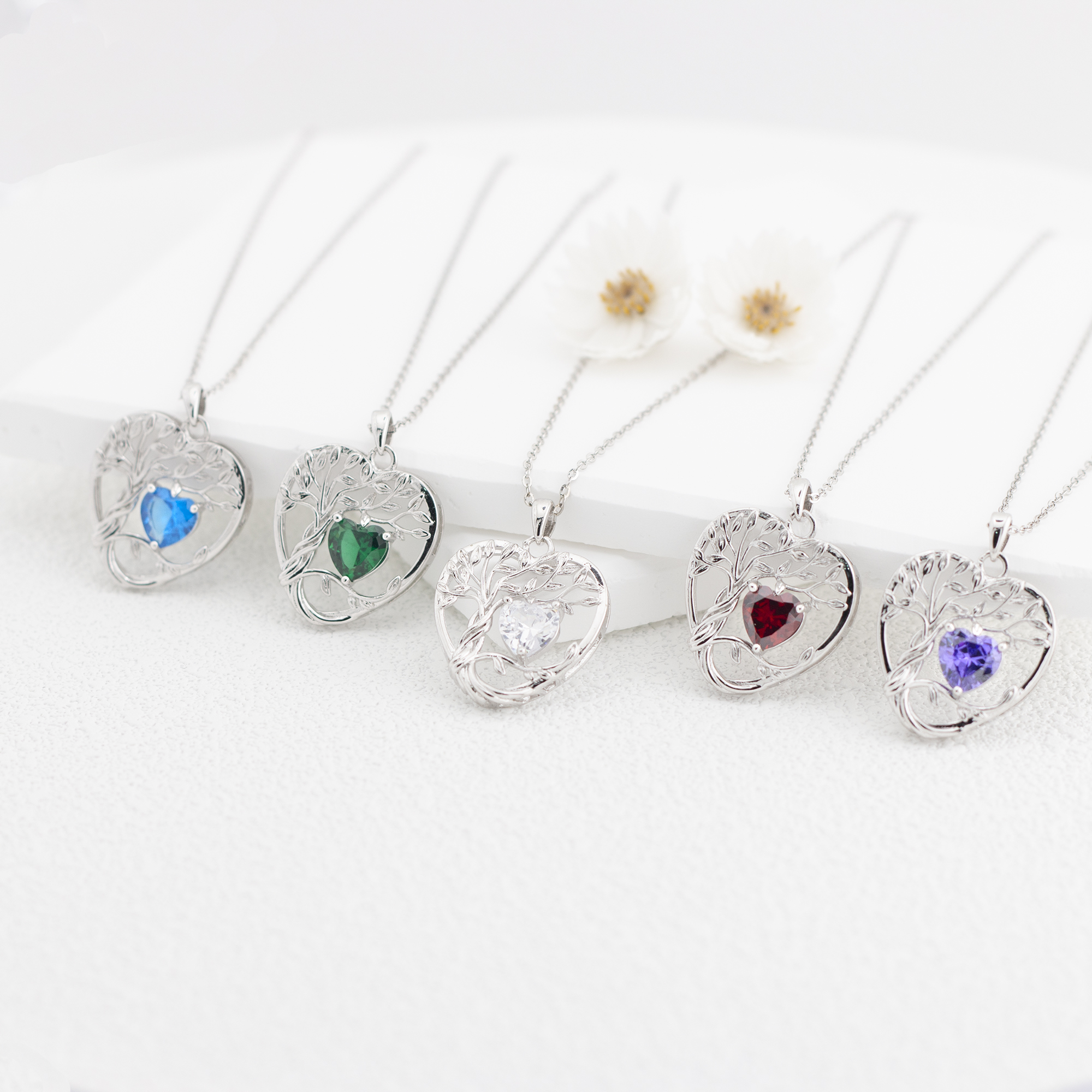 thumbnail video image 2 of HESHPAWS 925 Sterling Silver Tree of Life Necklace Heart Birthday Stone Necklace for Women, Gemstone Anniversary Birthday Jewelry Gifts  Mother's Day Gifts, 2 of 6