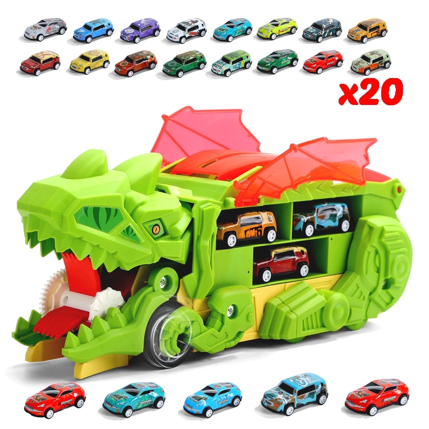 thumbnail video image 2 of JoyStone 20-in-1 Dinosaur Transport Truck with Cars, City Hauler Vehicle Playset, Dino Toy Gift for Kids Ages 3+, 2 of 8