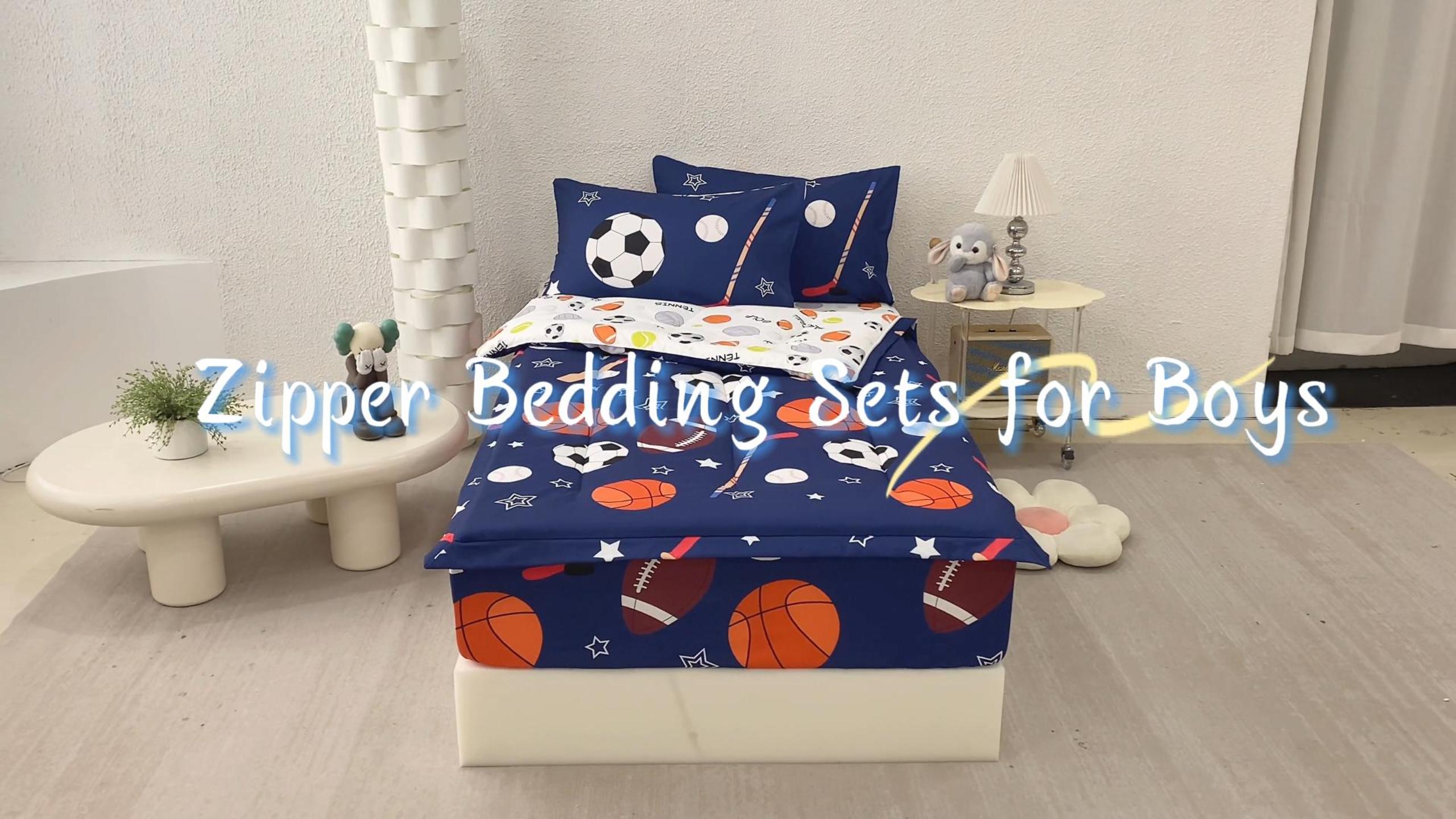 thumbnail video image 2 of ZRNBAST 3Pcs Kids Comforter Set Sports Ball Games Zipper Bedding Set for Boys Basketball Football Baseball Comforter with Fitted Sheet and Pillowcases All in one Zipper Bedding(Navy ,Twin), 2 of 10