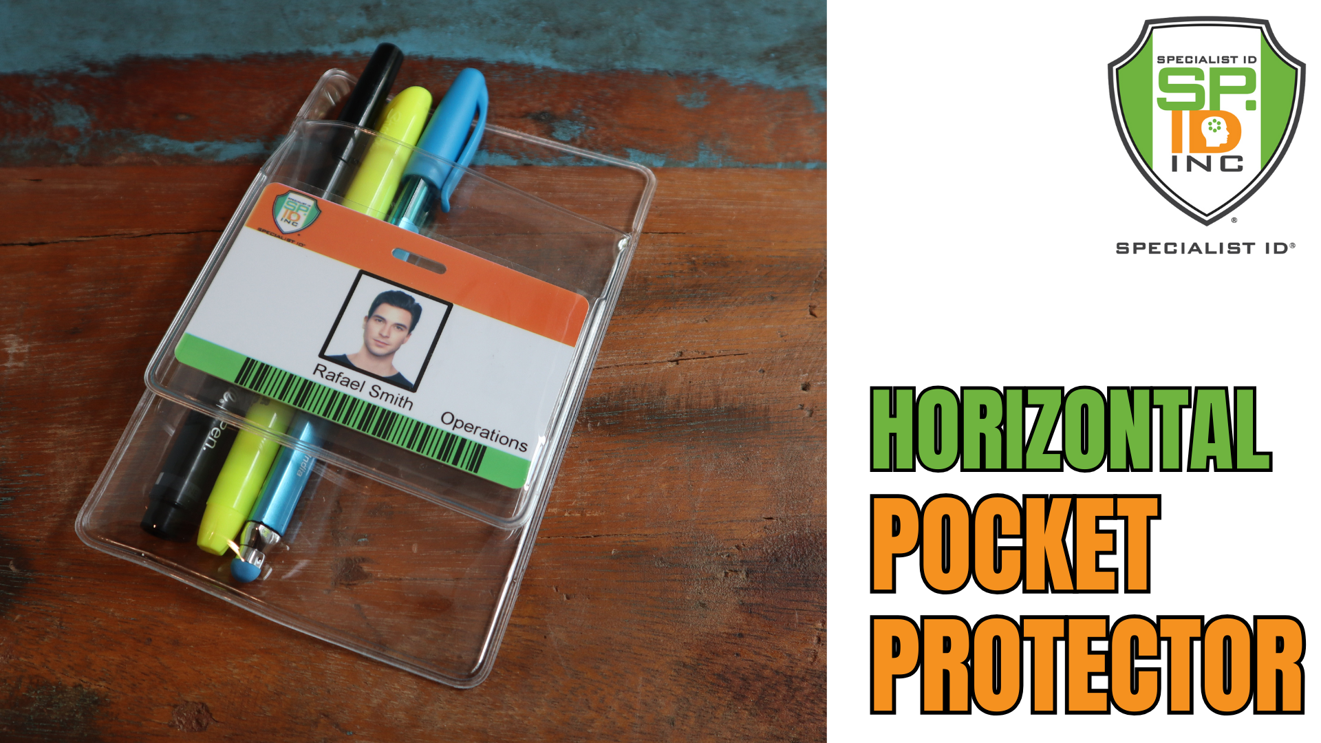 thumbnail video image 2 of Bulk 50 Pack - Heavy Duty Pocket Protector with Horizontal ID Badge Holder - Clear Plastic Shirt/Lab Coat Pocket Pouch Organizer for Pens, Pencils, Small Tools, Name Tags and More by Specialist ID, 2 of 8