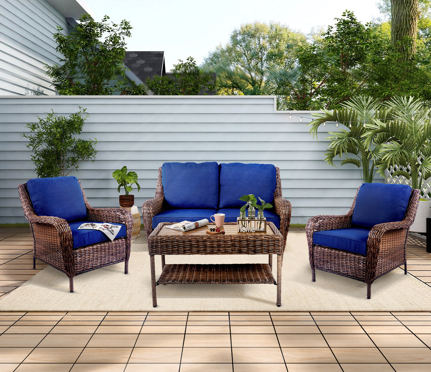 thumbnail video image 2 of Krikacy 3-PCS Wicker Armchair Bistro Set,HDPE Hand-Woven Modular Patio Set for Porch Lawn,Blue, 2 of 8