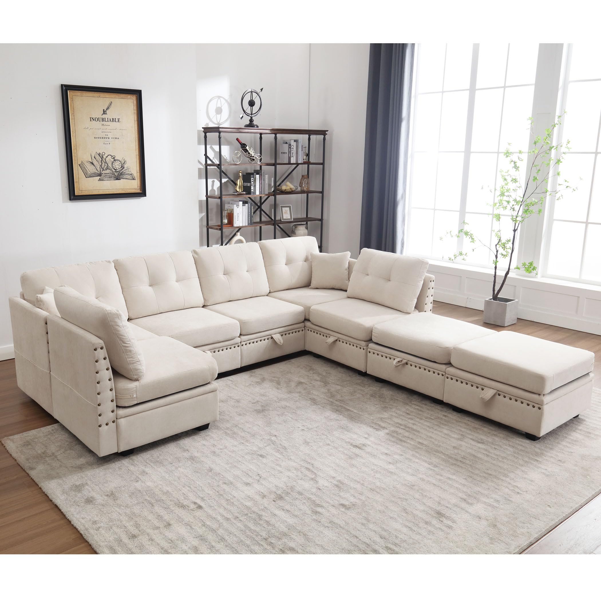 thumbnail video image 2 of JONPONY Vintage Modular Sectional Sofa Sleeper Couch Set Convertible Sleeper Sofa Bed with Storage, Vintage Copper Nail Modular Sectionals with Ottomans 8 Seat Sofa Couch for Living Room,Beige, 2 of 11