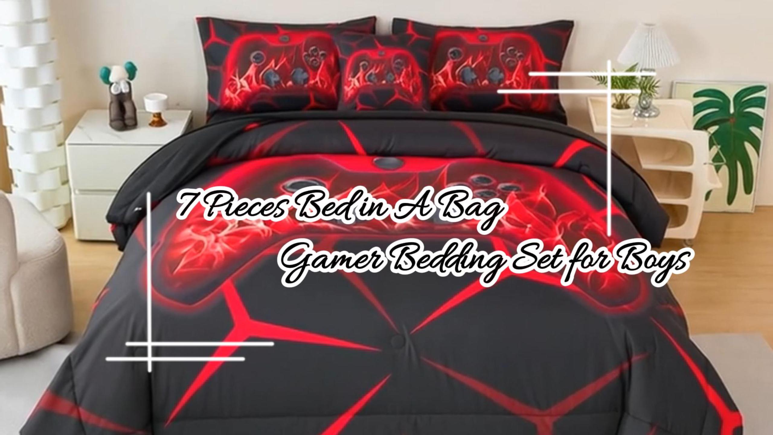 thumbnail video image 2 of ZRNBAST Queen Bed in a Bag Gaming Bedding Sets for Boys 7 Pcs Red Video Game Comforter with Sheet Set Soft Gamer Bedding Sets Lightweight Microfiber Game Bed Set for All Season(Red,Queen), 2 of 9
