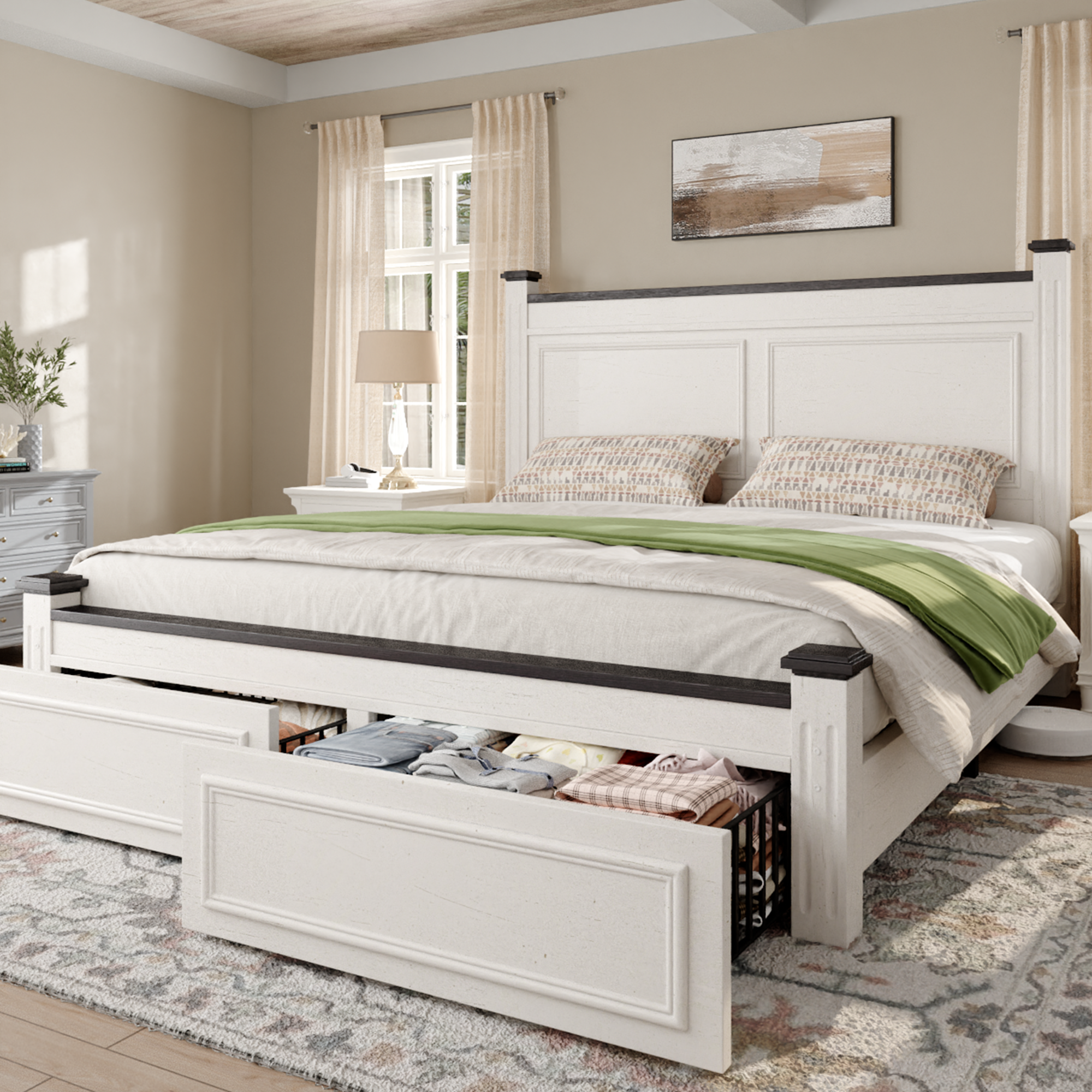 thumbnail video image 2 of EnHomee King Bed Frame with 2 Storage Drawers King Size Bed Frame with 51.25" H Headboard Farmhouse Bed Frame NO Noise, No Box Spring Needed, White, 2 of 9