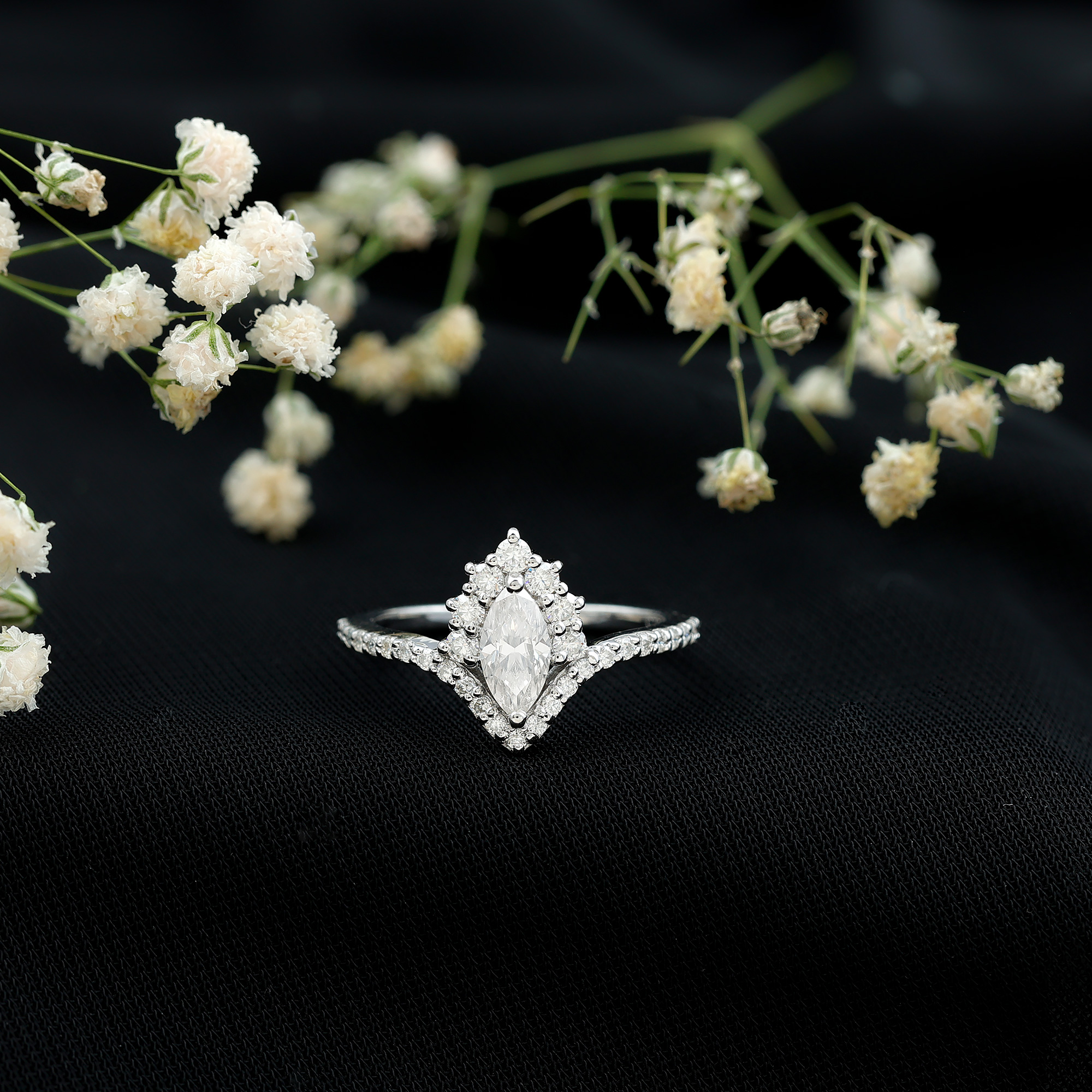 thumbnail video image 2 of Rosec Jewels Certified Moissanite Marquise Engagement Ring - Designer Curved Engagement Ring - 4X8 mm - D-VS1 Quality, 18K White Gold, US 8.50, 2 of 9