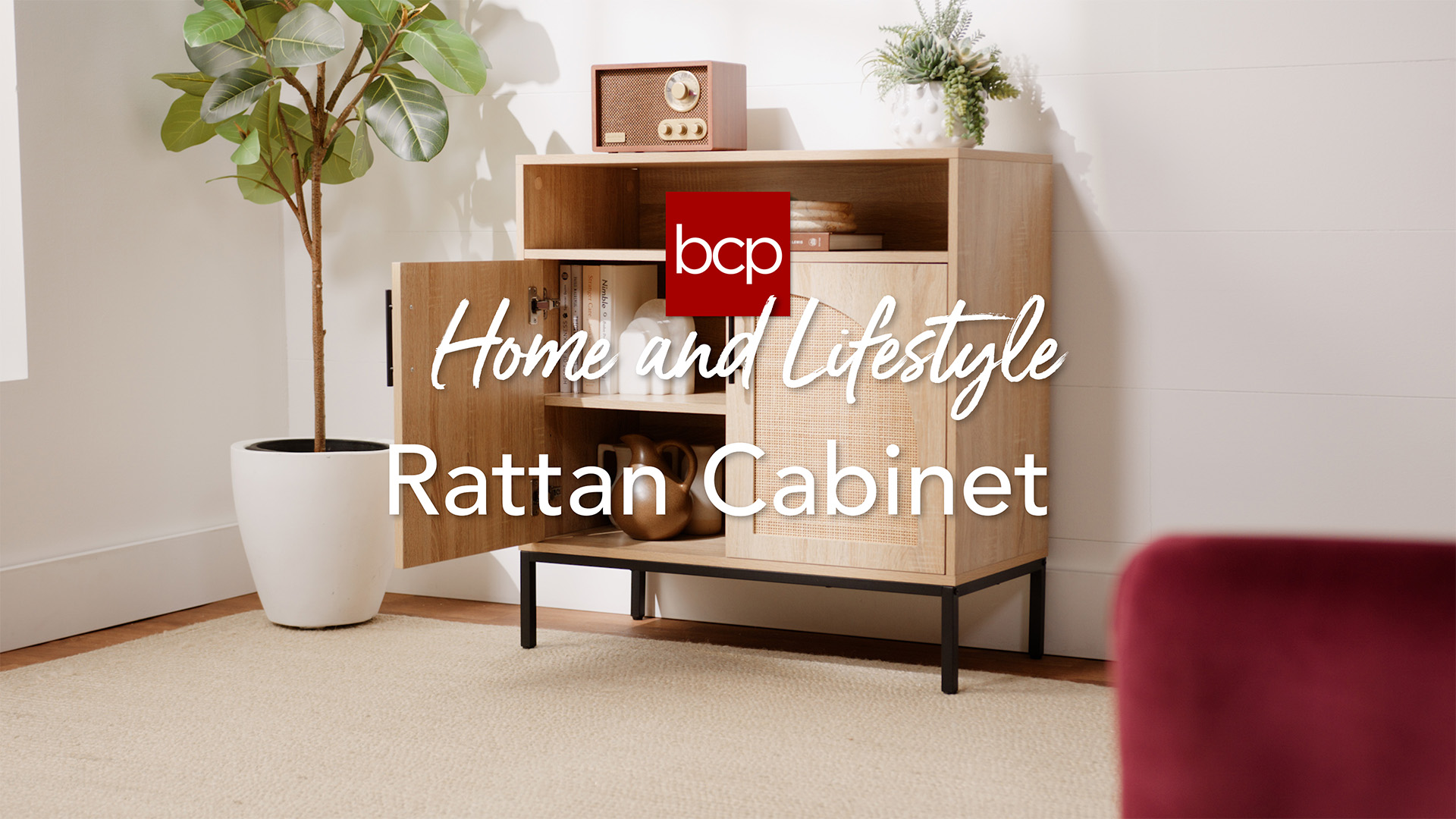 thumbnail video image 2 of Best Choice Products Arched 2-Door Rattan Cabinet, Sideboard, Buffet, w/ Cord Cutout, Adjustable Storage Shelf - Natural, 2 of 9