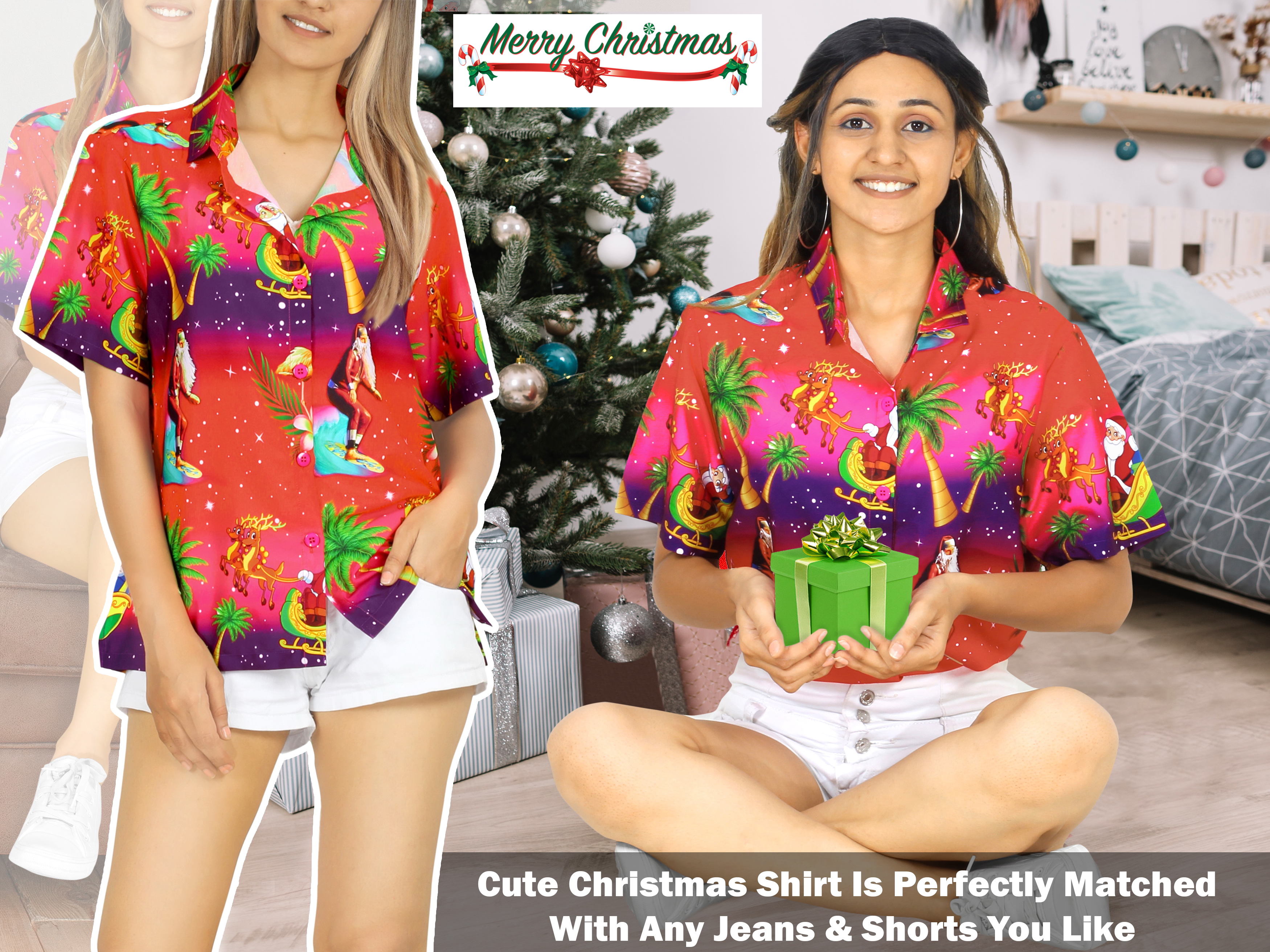 thumbnail video image 2 of HAPPY BAY Women's Beach Funny Santa Claus Party Blouse Shirt Tops Flamingo Shirts Button Down Hawaiian Christmas Tree Shirt for Women M Santa Surf, Pink, 2 of 7