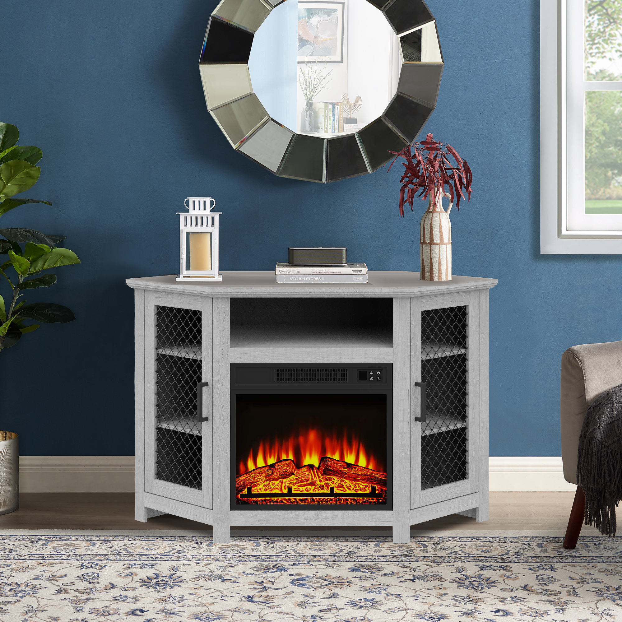 thumbnail video image 2 of Farmhouse 45-Inch Electric Corner Fireplace TV Stand for TVs up to 55", Media Console Table with Adjustable Shelves, Metal Mesh Design, 2 of 14