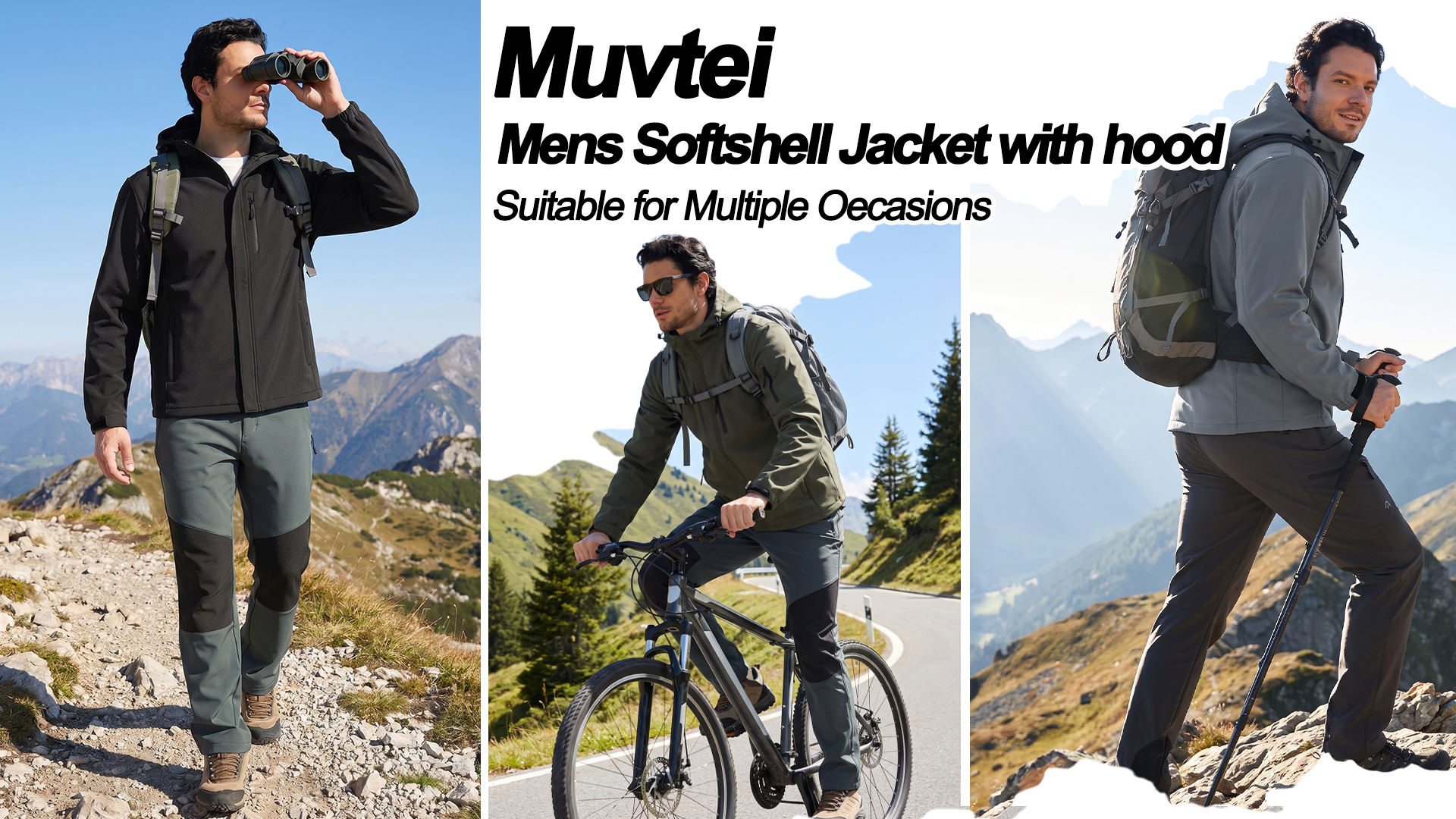 thumbnail video image 2 of Muvtei Men's Hooded Softshell Jacket Fleece Lined Waterproof Hooded Soft Lightweight Windbreaker Shell Jacket Outdoor Hiking Rain Jacket Blue-L, 2 of 13