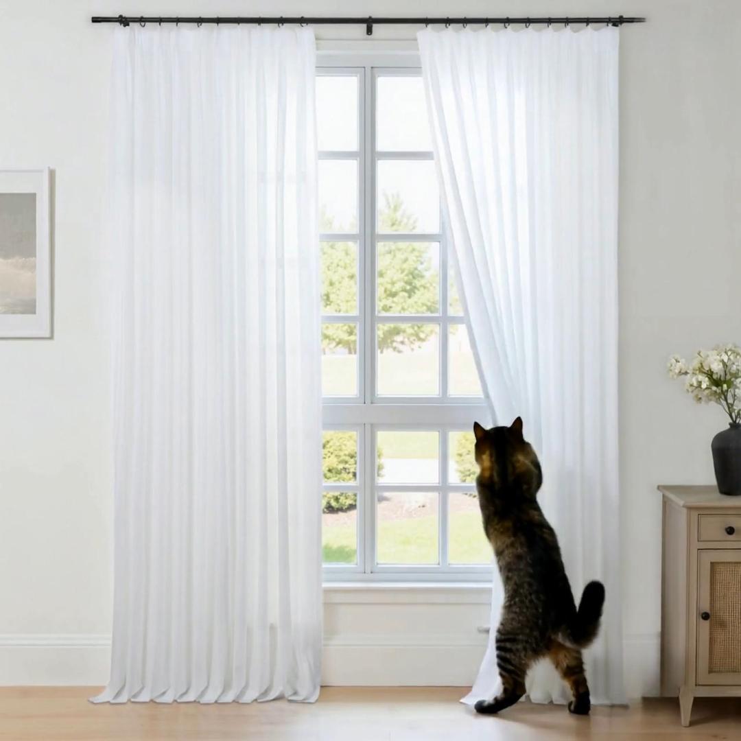 thumbnail video image 2 of TWOPAGES 52"x84" Scratch Resistant Sheer Drape Pinch Pleat Curtain Pet-friendly Drapery for Kid's Room, 1 Panel, White, 2 of 7