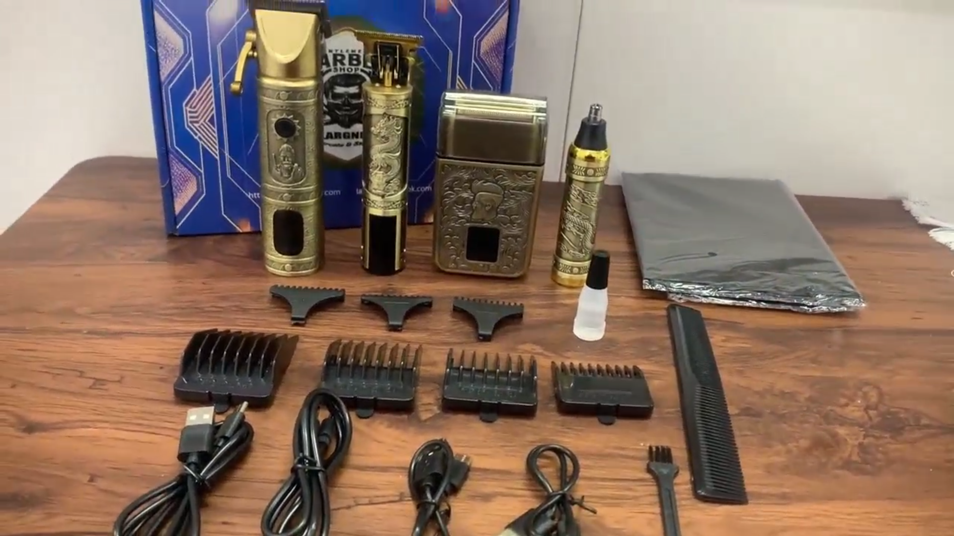 thumbnail video image 2 of LARGNER Elite Series 4-in-1 Professional Barber Hair Clippers for Men, Cordless Grooming Kit with Beard Trimmer, Foil Shaver & Nose Trimmer, Vintage Metal Home Haircut Set, Gold, 2 of 10