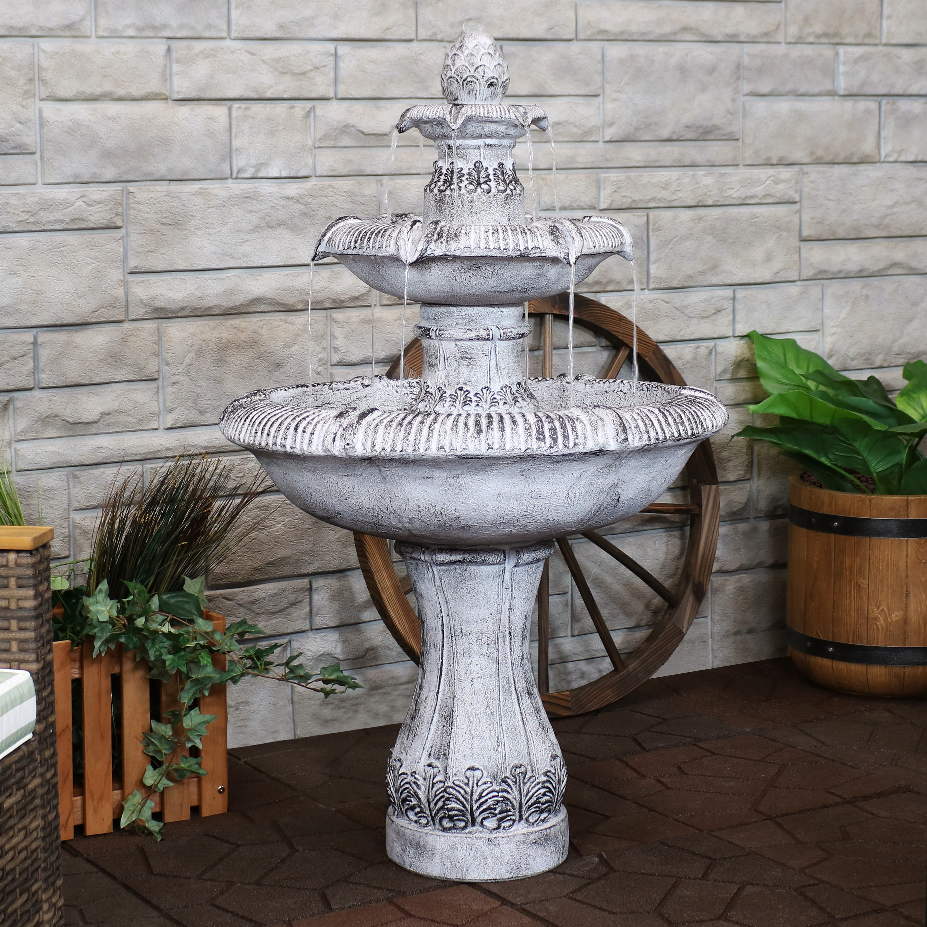 thumbnail video image 2 of Sunnydaze Traditional Gray Mediterranean Reinforced Concrete 3-Tier Outdoor Water Fountain, 2 of 12